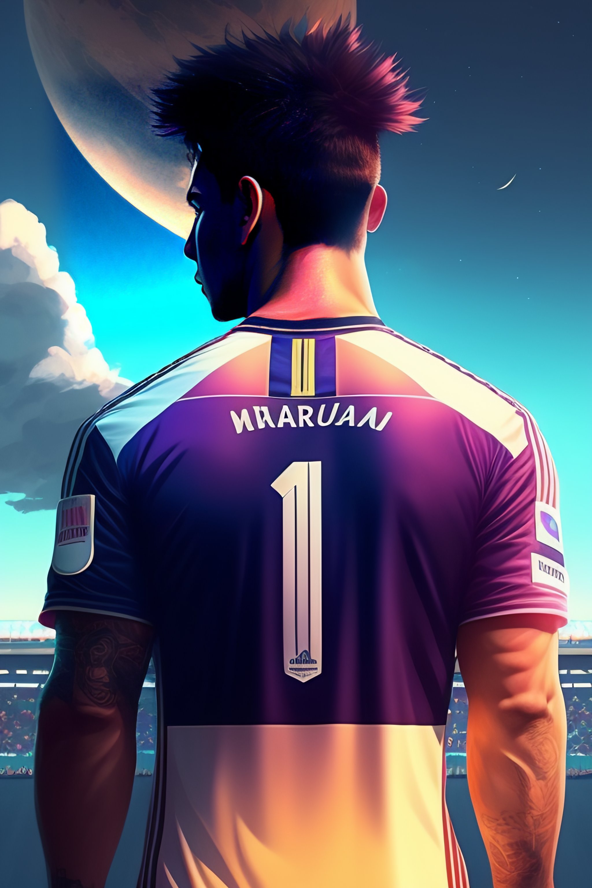 Lexica - Back of a Brazil Footballer wearing 10 yellow brazil team jersey  playing football, backdrop of dawn, saturn in the background,  illustration