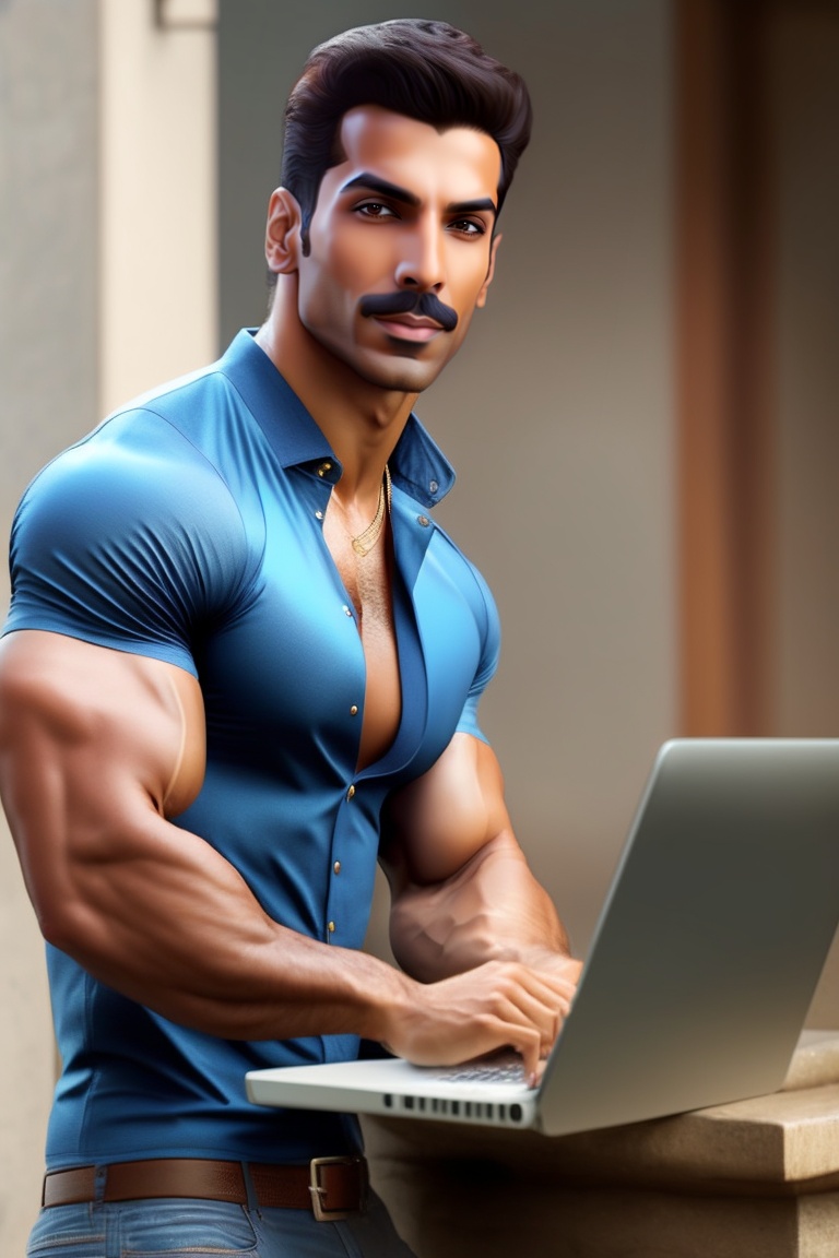 lexica-john-abraham-blue-shirt-white-pent-brown-hair-laptop-bag-on