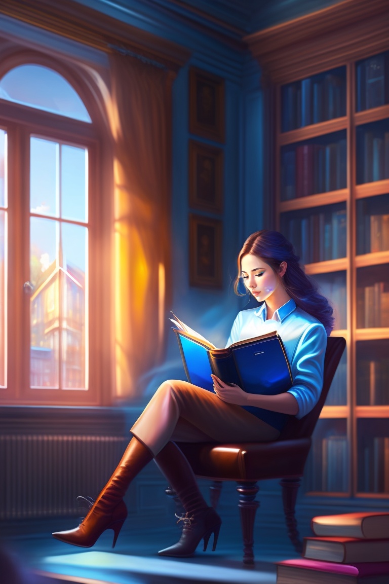 Lexica - A library, a guy sitting in a leather chair, a window, a girl ...
