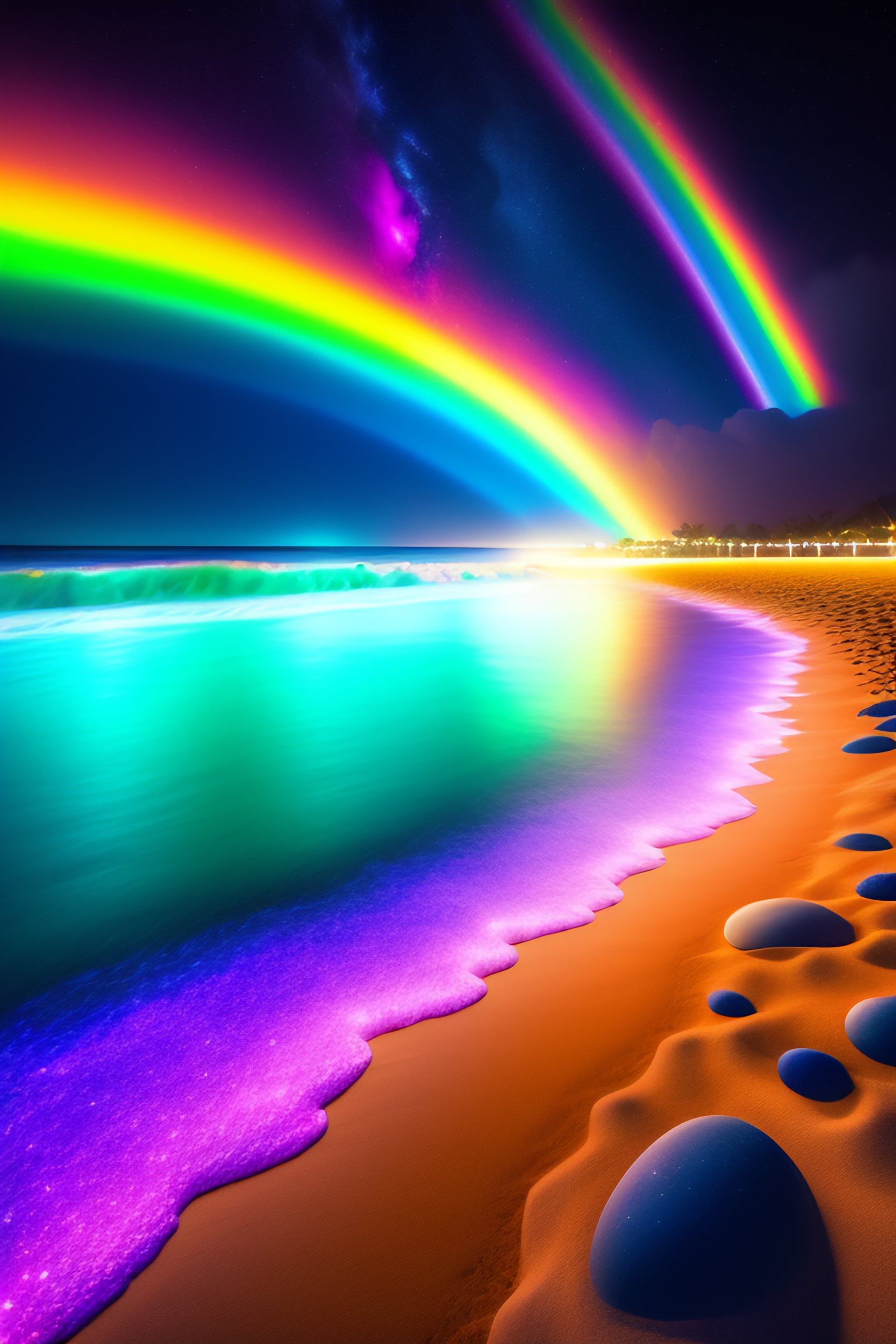 Lexica - Under the starry sky, a fantastic rainbow covers the beach ...