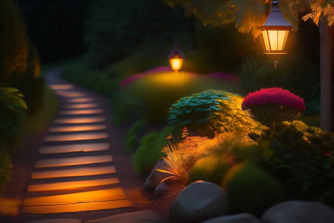 Lexica - A picturesque garden pathway illuminated by soft, warm ...