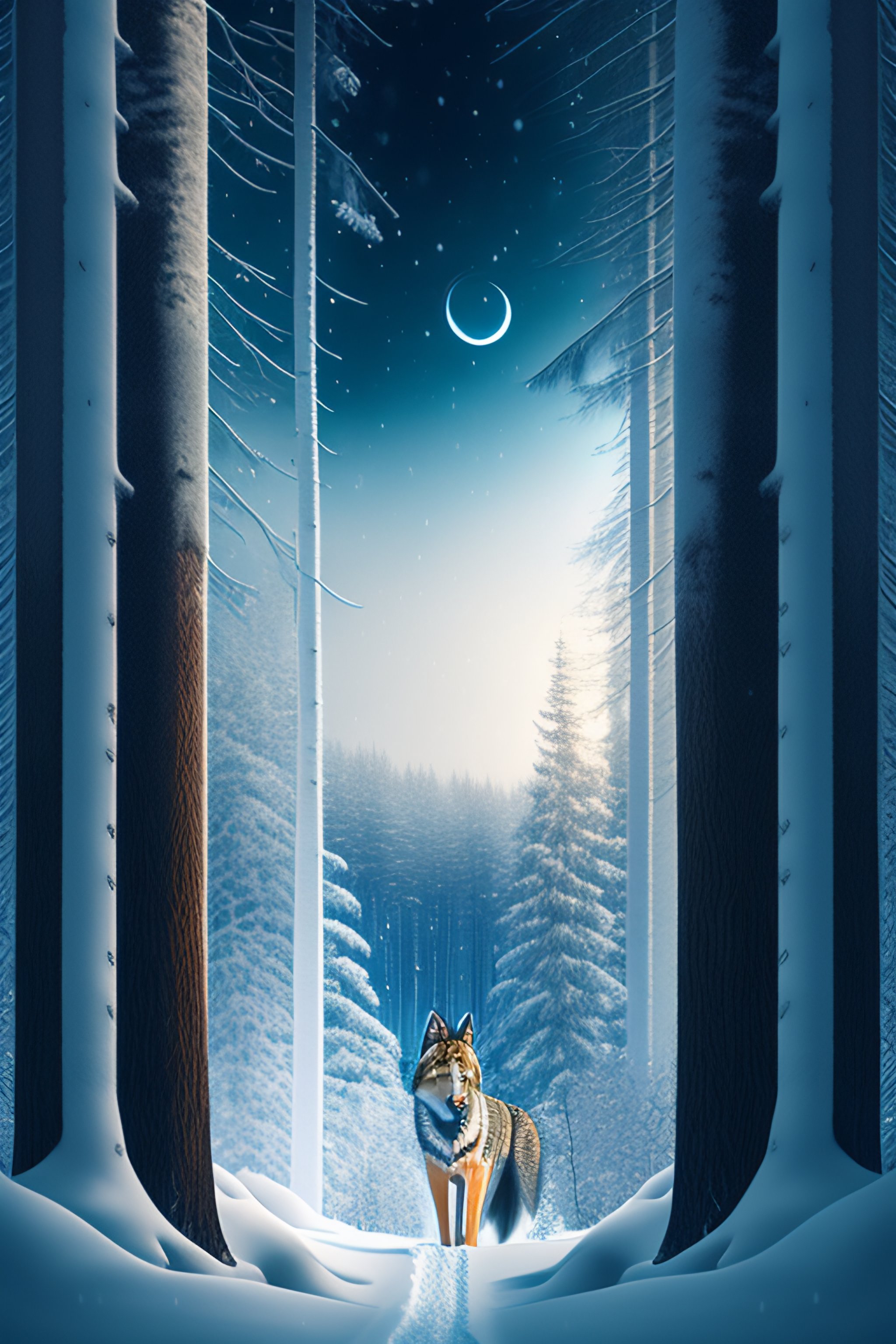 Lexica - Winter forest, with snow and a lone wolf, portrait