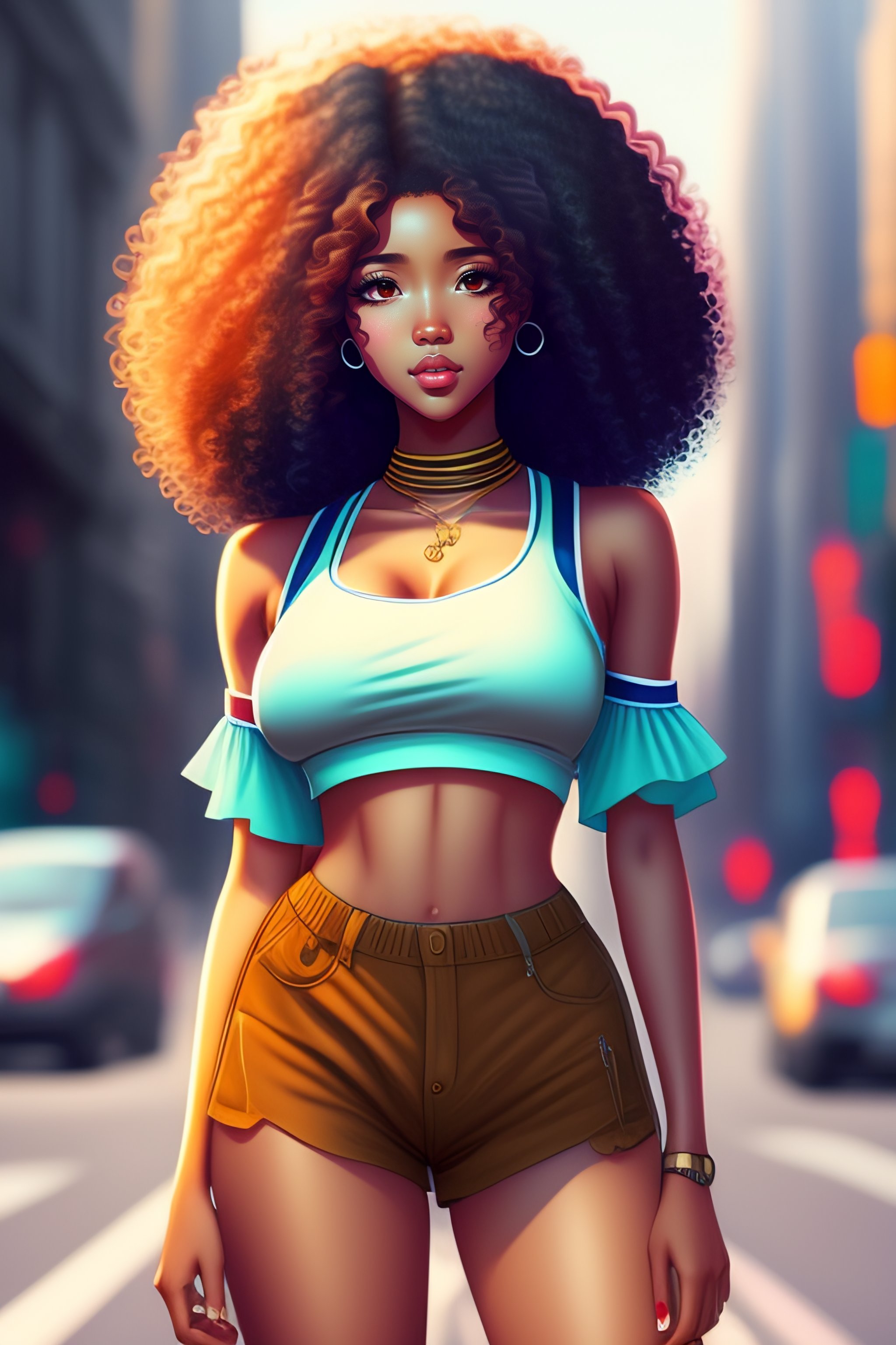 Lexica - Anime Style, cute girl, 19 years old, darker skin, big medium  curly brown hair, skinny, flat belly visible, slim waist, thick, medium  bust, ...