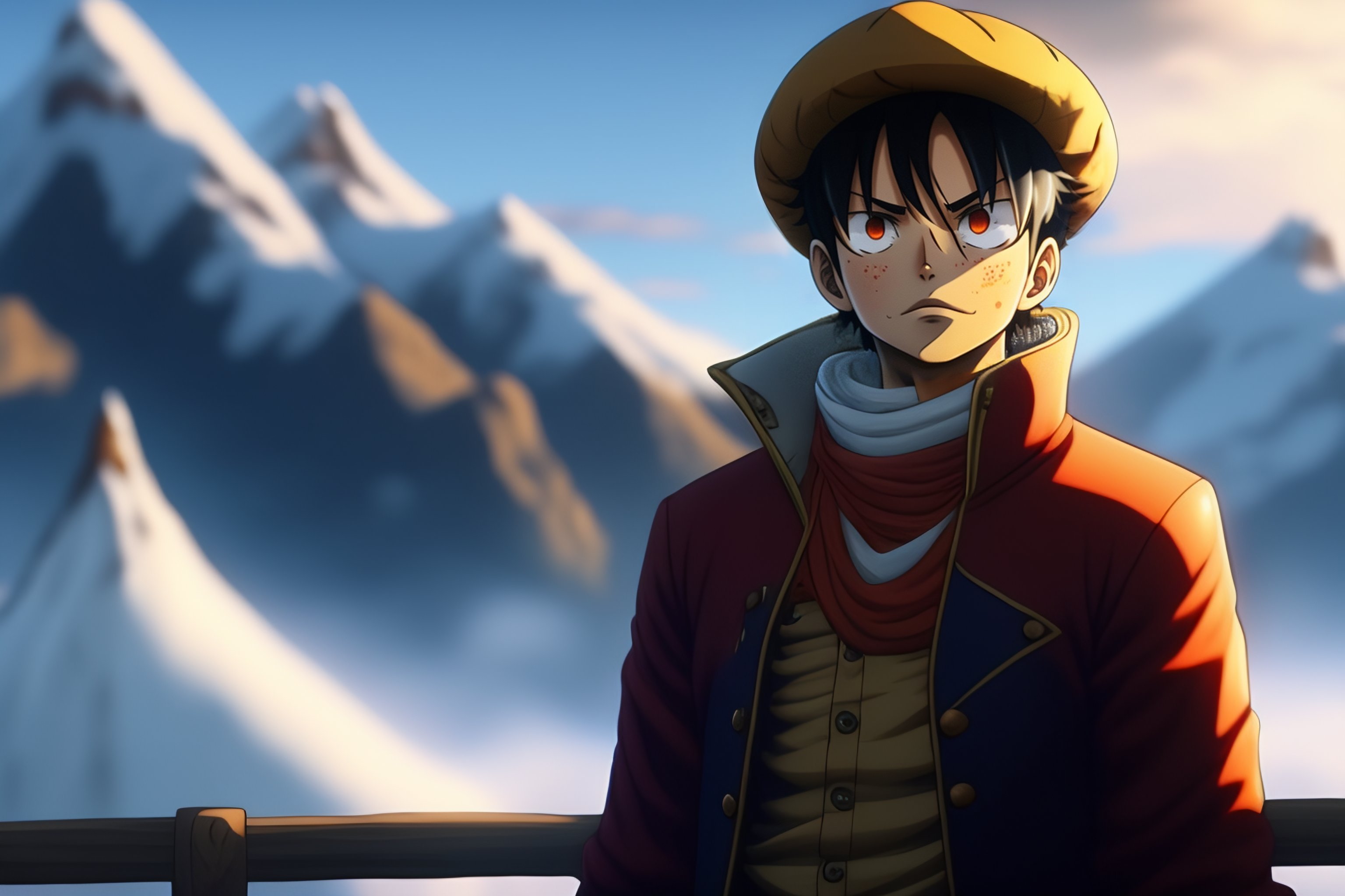 Lexica Luffy from one piece sitting on a roof looking up to the sky