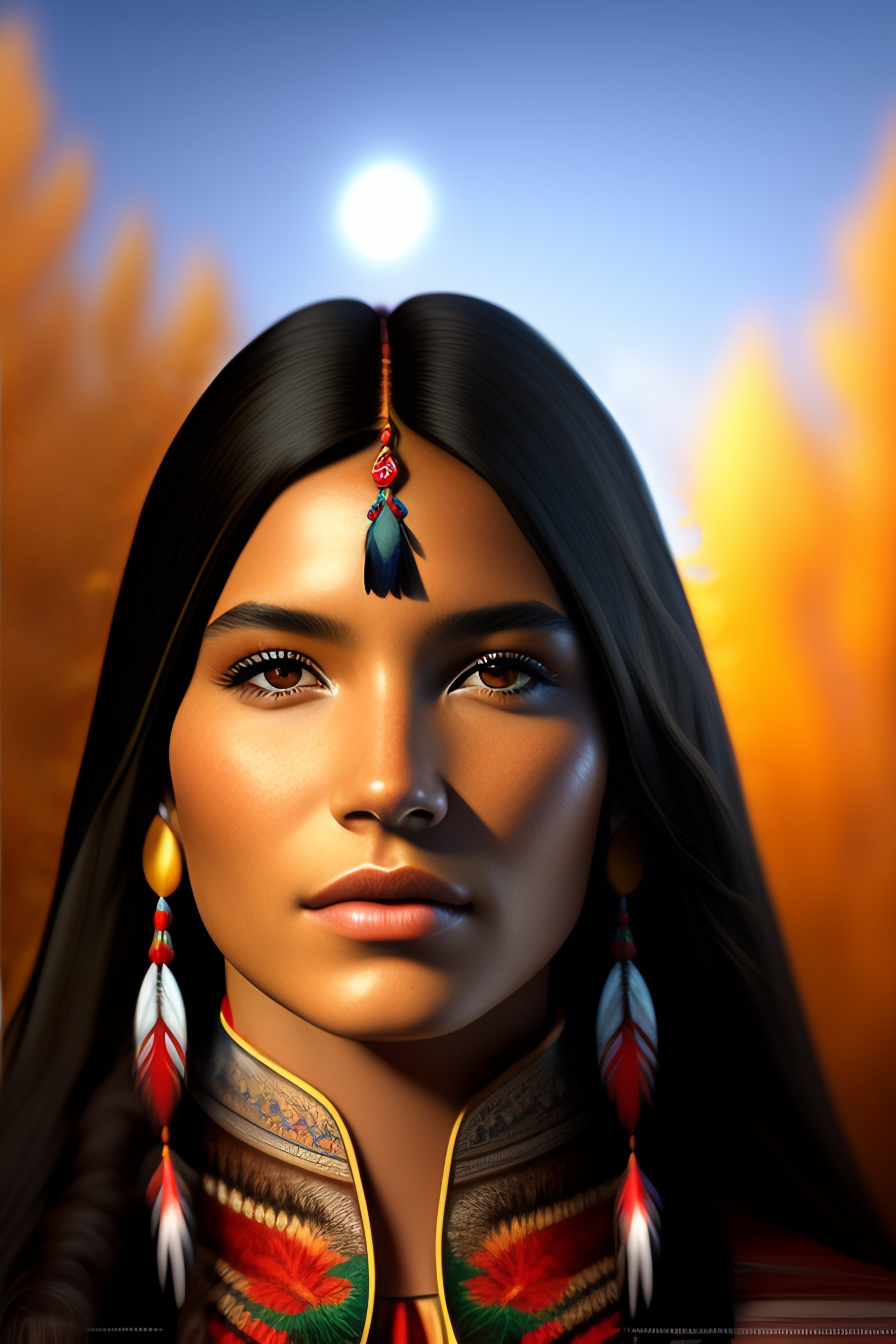 Lexica - Native american young woman portrait in 3d digital art with ...