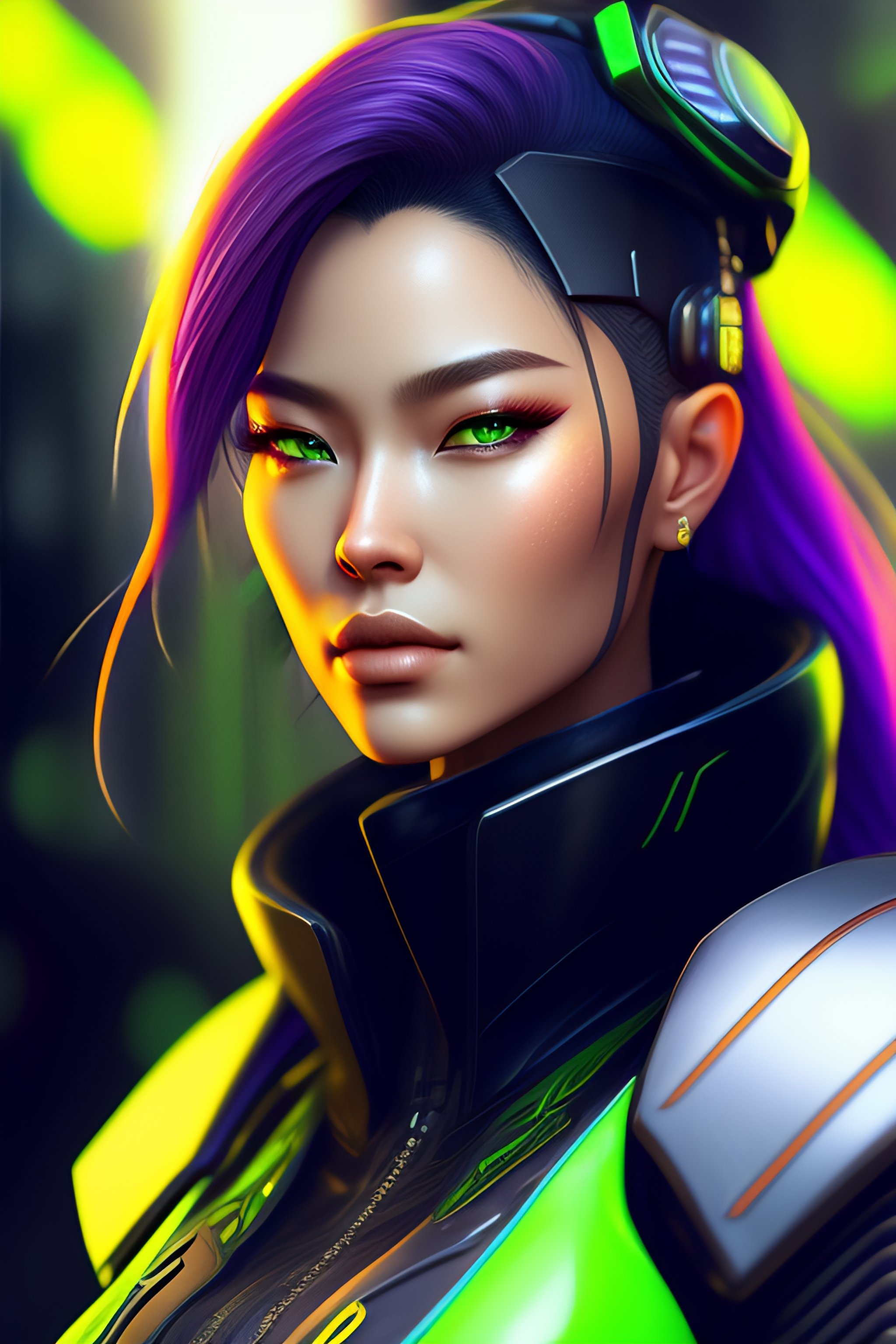 Lexica Right Facing Portrait Of A Cyberpunk Lime Green Cyborg Ninja Third Person Dandd Sci