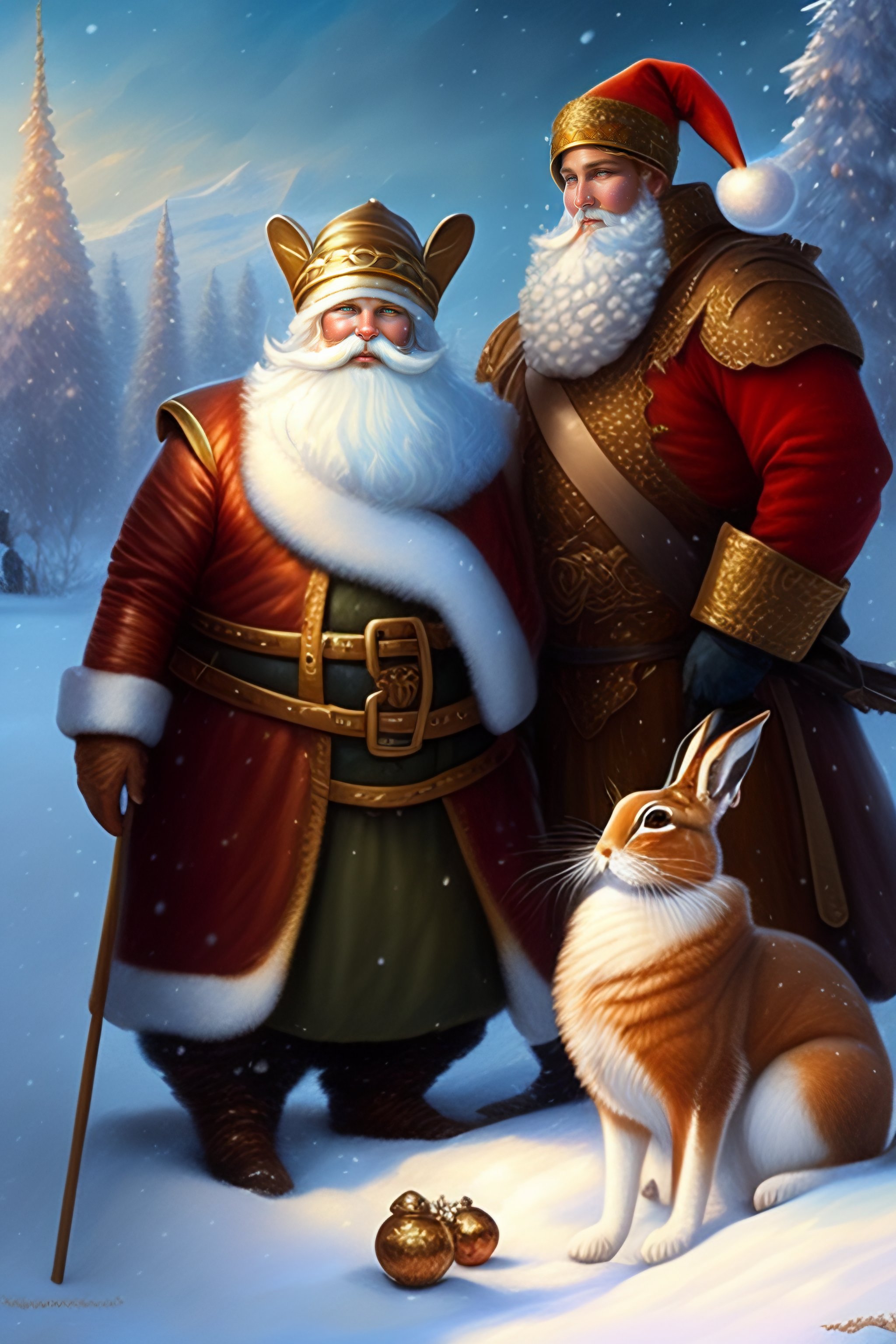 Lexica - New year's card, santa claus and snow maiden, hare, by justin ...