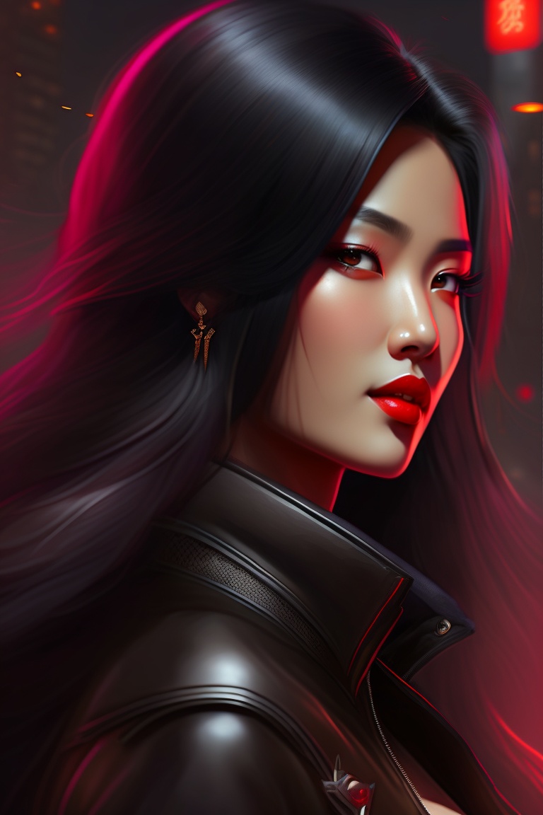 Lexica Asian woman, red lipstick, black eyes, black jacket, fit, long