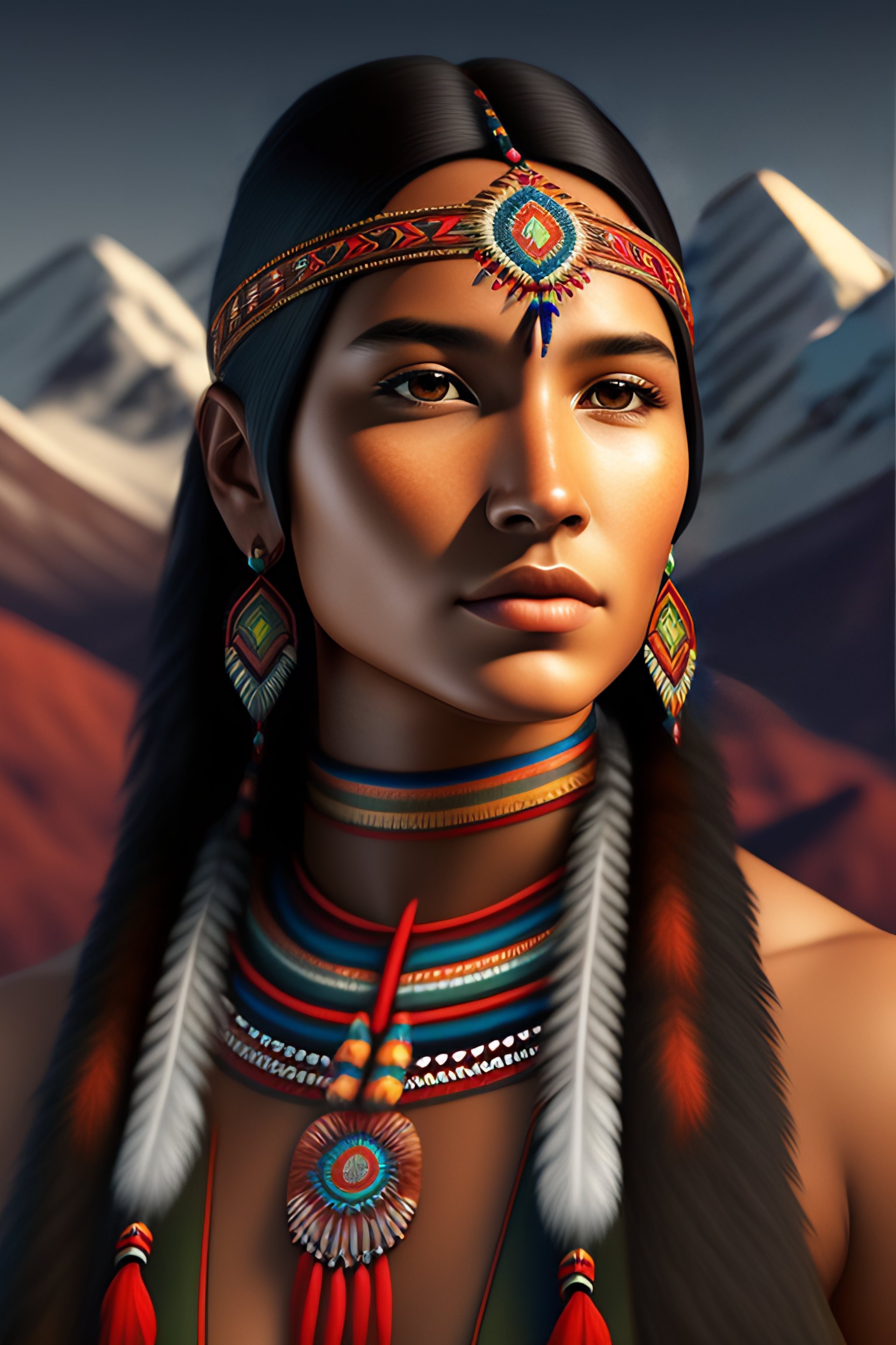 Lexica - Native american young female portrait in 3d digital art with ...