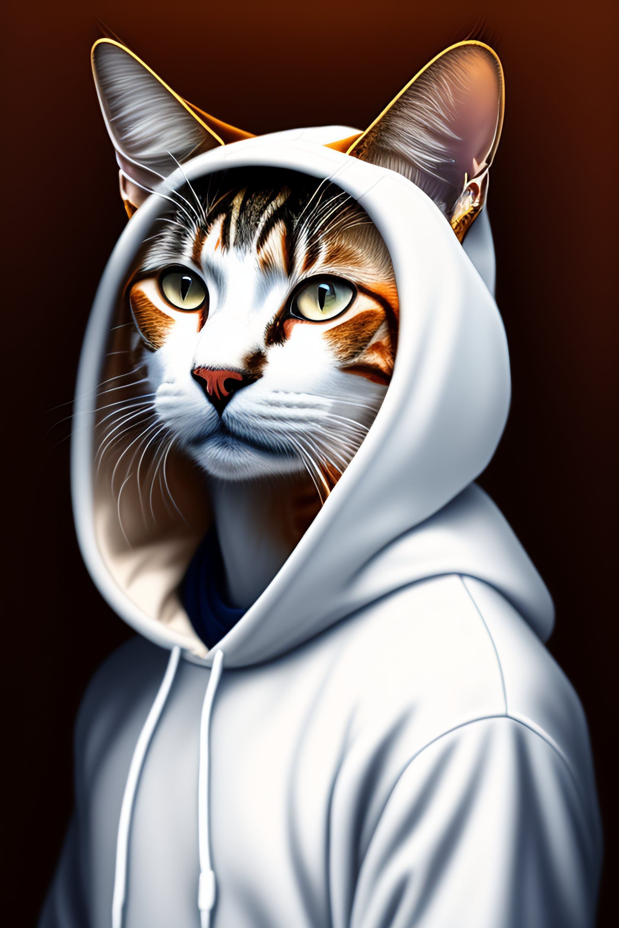 Lexica - Painting portait of cat wearing a hood and hoodie looking at ...