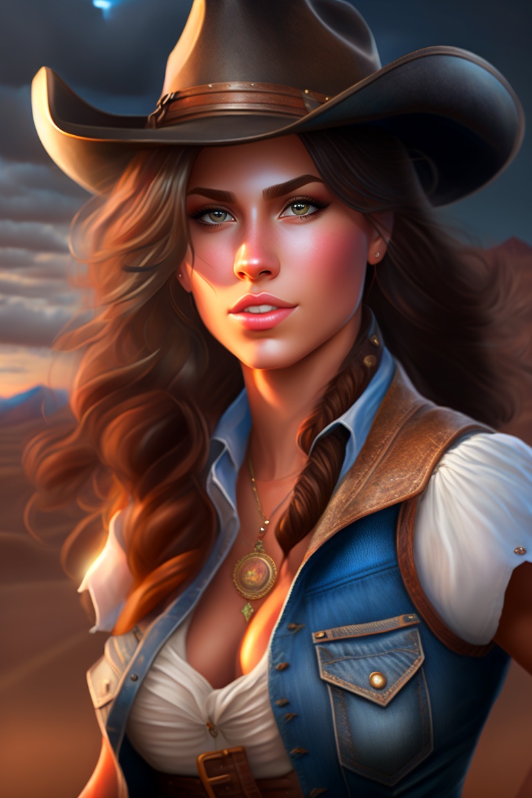 Lexica - Portrait of a wild west female, ((black vest, white top, blue ...