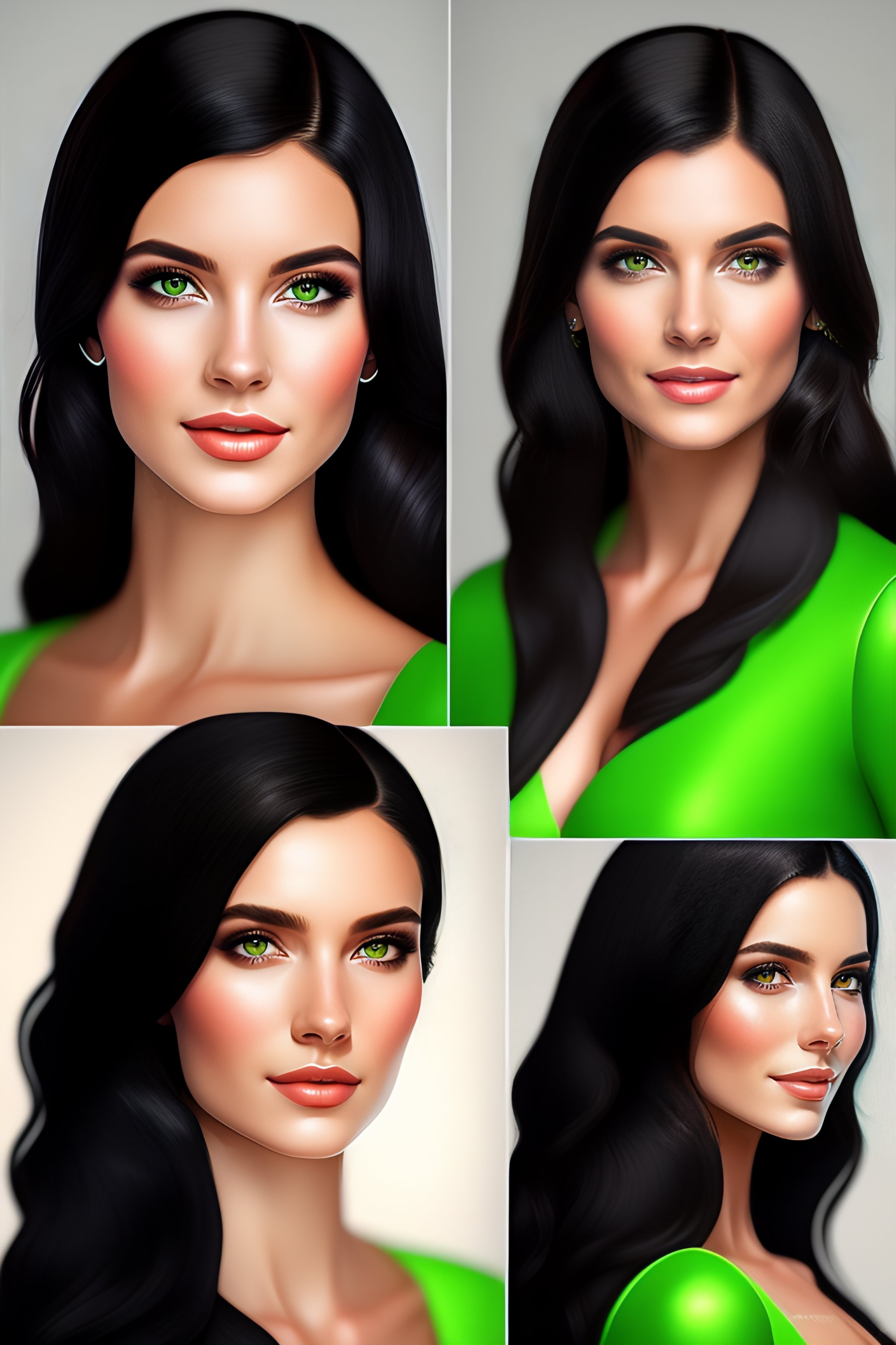 Lexica - Studio photos of a European girl next door with black hair and  green eyes in full body length, beautiful face, photorealistic  illustration