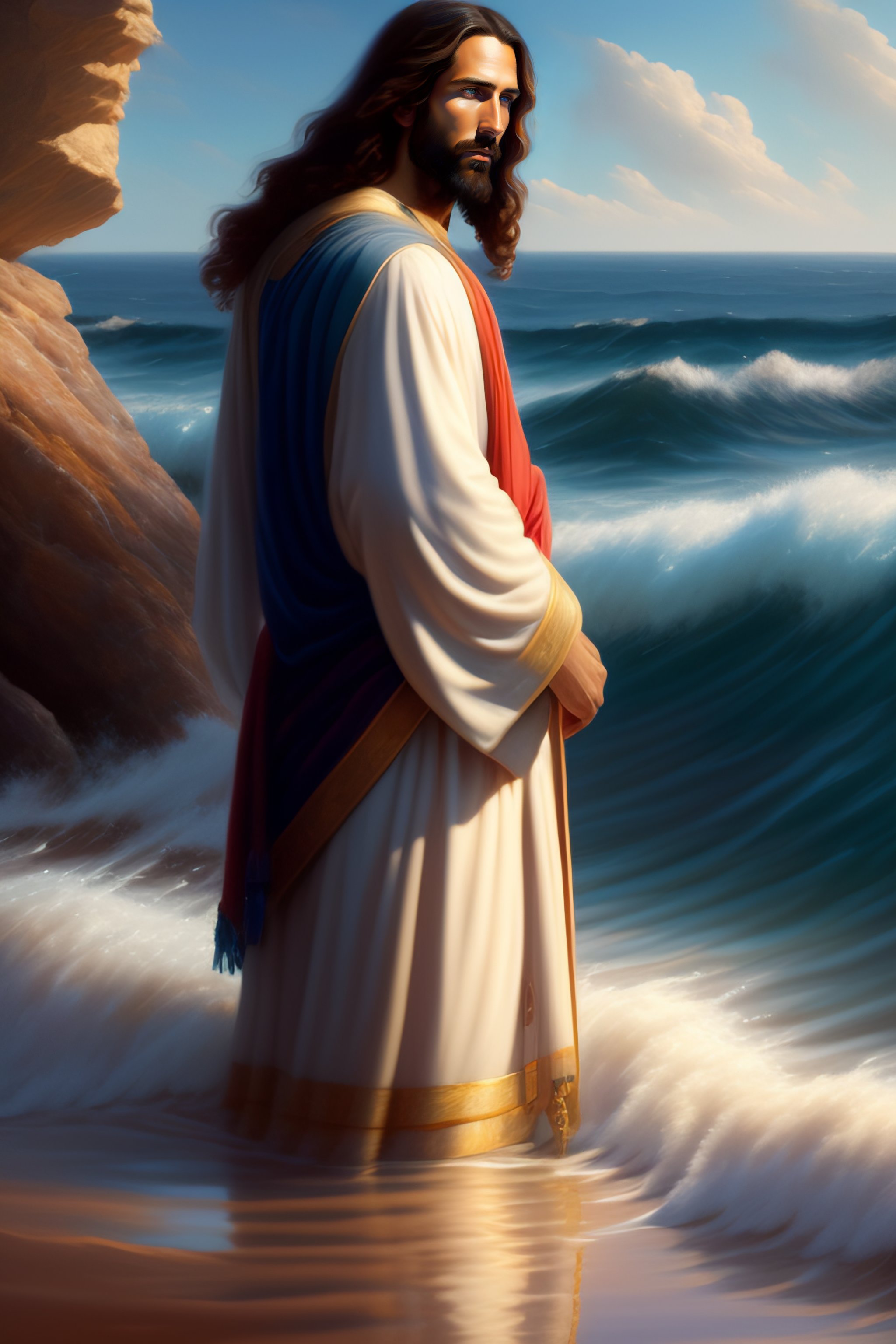 Lexica Painting of jesus christ walking on the sea, realistic, highly