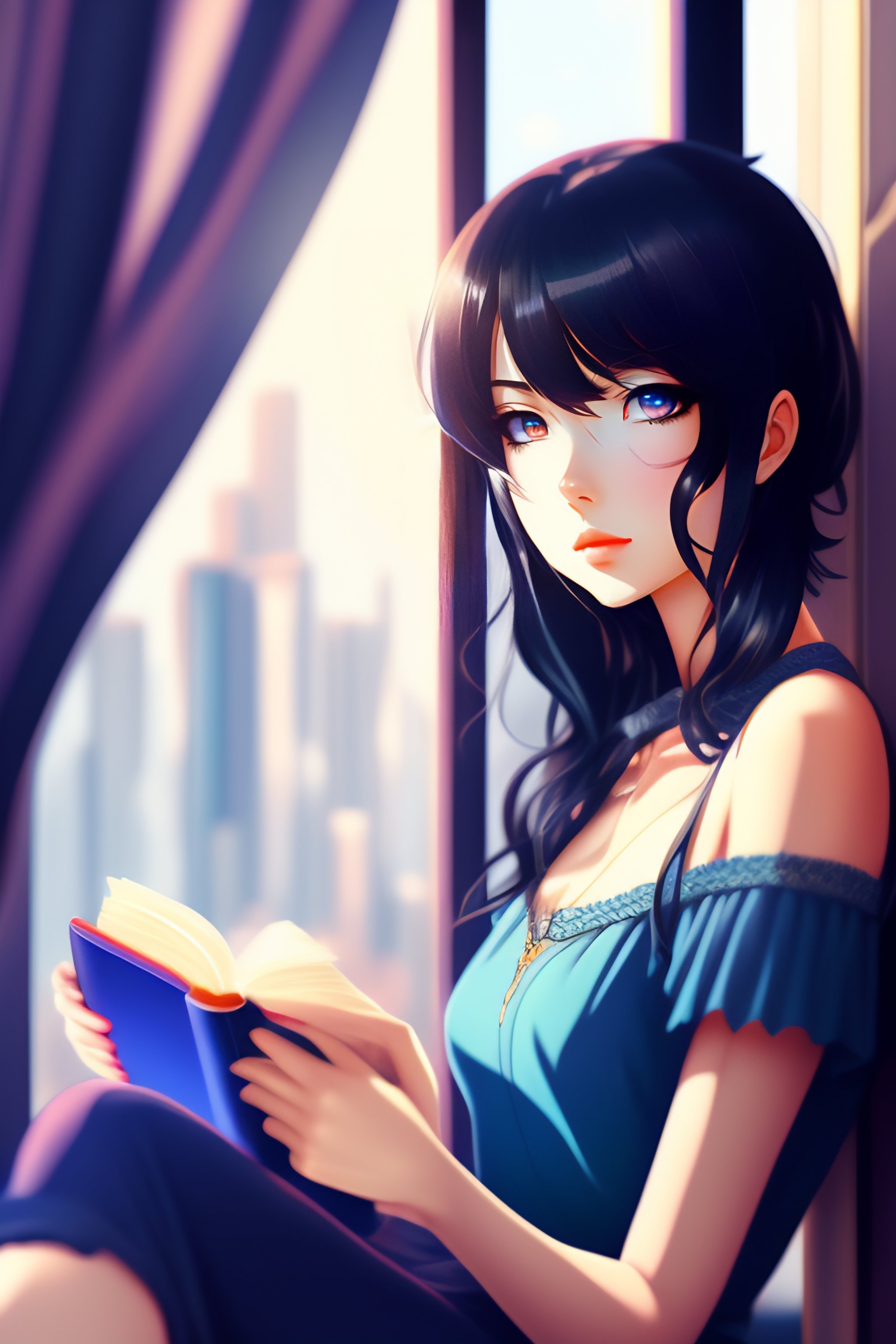 blue eyes, profile, anime, anime girls, portrait display, books, black  hair, side view, blushing, reading