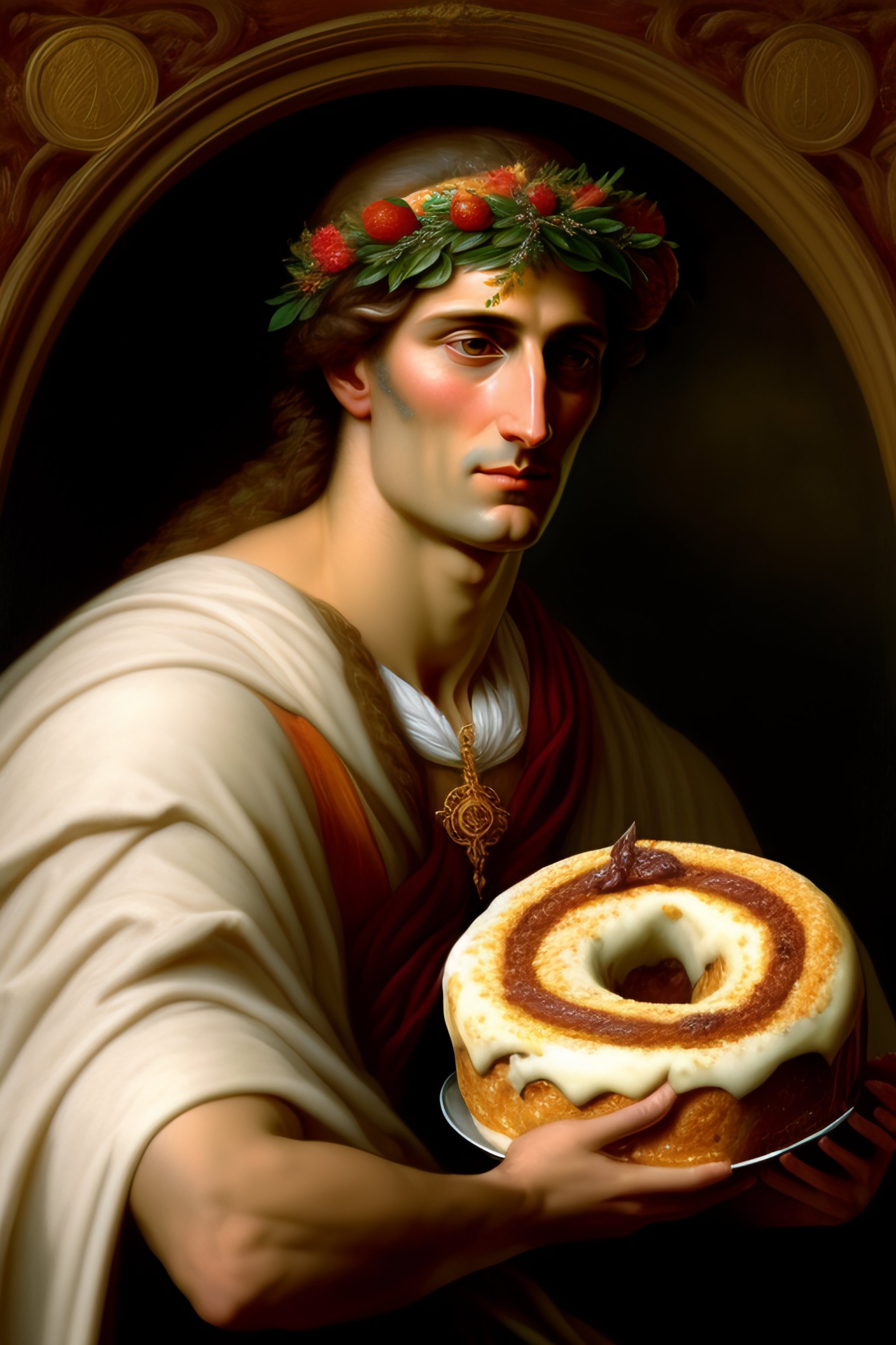 Lexica Dante Alighieri eating a cinnamon roll and wearing a