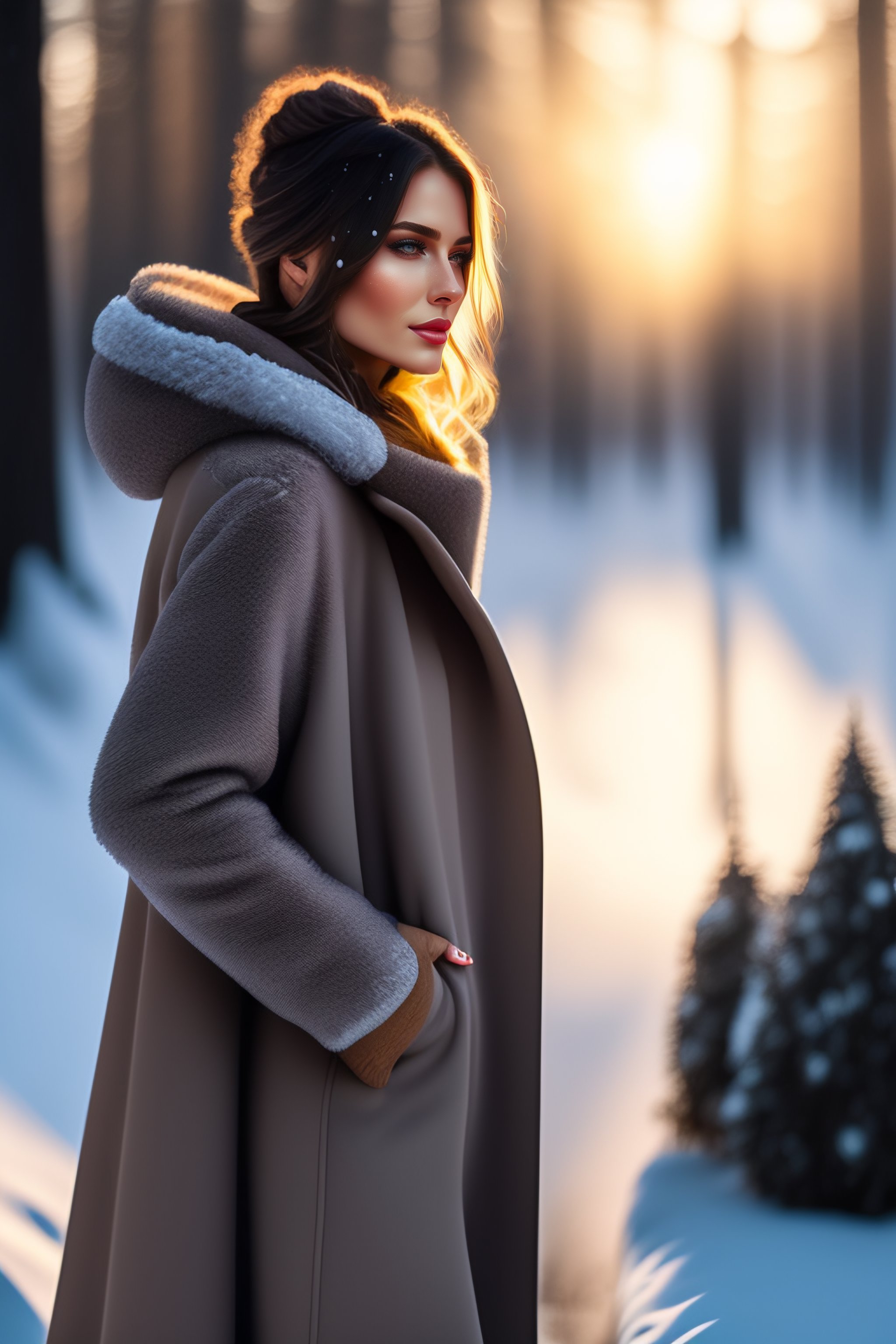 Lexica - The design of a modern oversized asymmetrical coat with a large  number of pockets, a hood, worn by a woman. Warm snow, forest and  mushrooms.