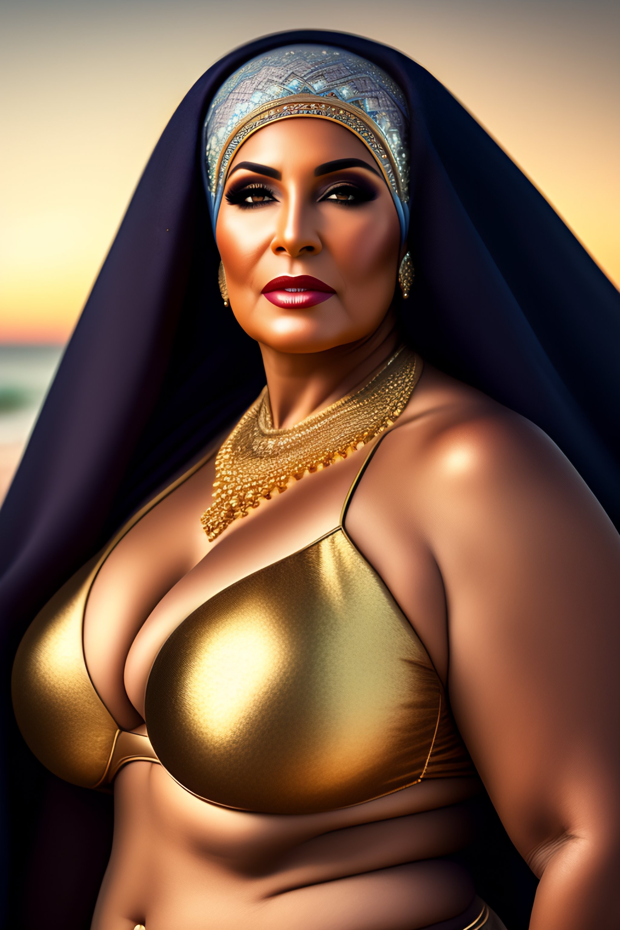 Lexica - Arabic woman 60 years old granny . bikini . high quality . plus  sized model . larger tiddie chest size . mighty plump. gold jewelry .  diamo...