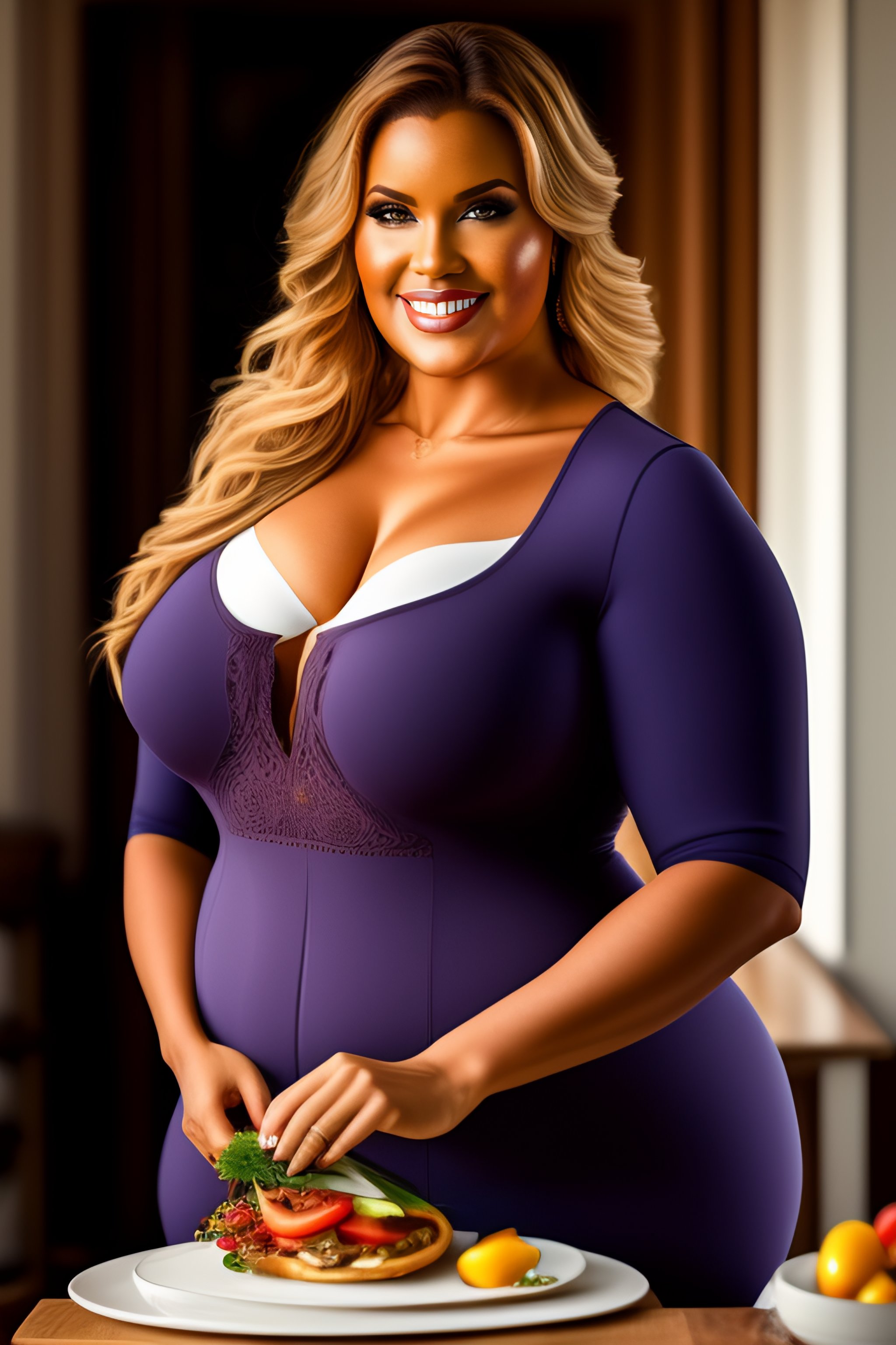 Lexica - Full-figured shapely Swedish woman wearing a tight and revealing  shirt, serving food