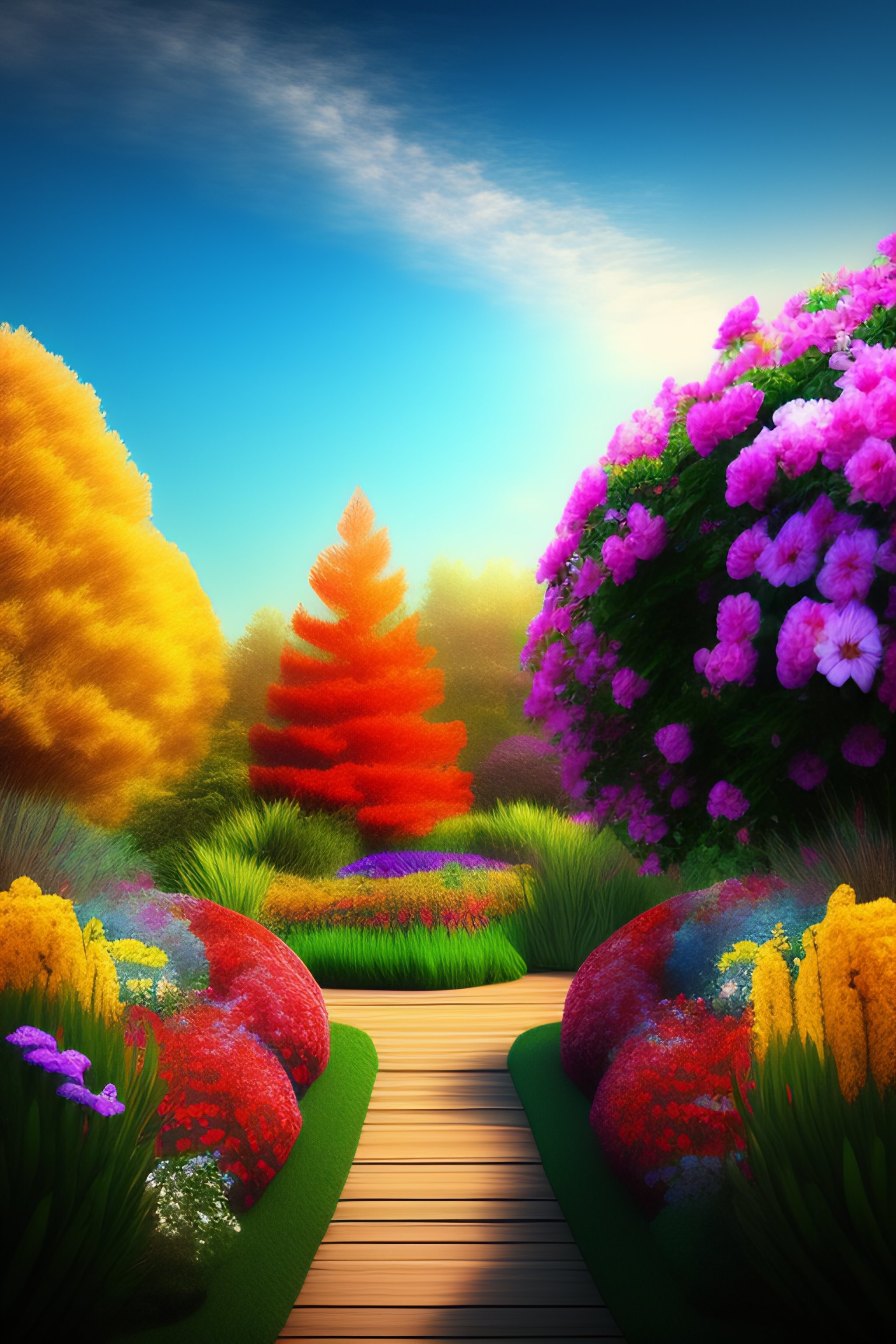 Lexica - Create a photo of a colorful flower garden with a bench and a ...