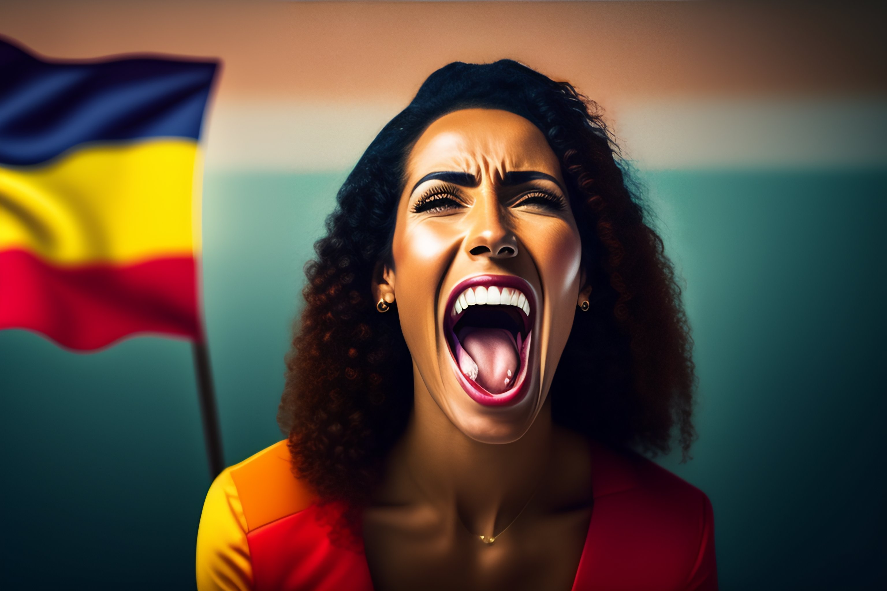 Lexica - A woman with her mouth open in front of a spanish flag