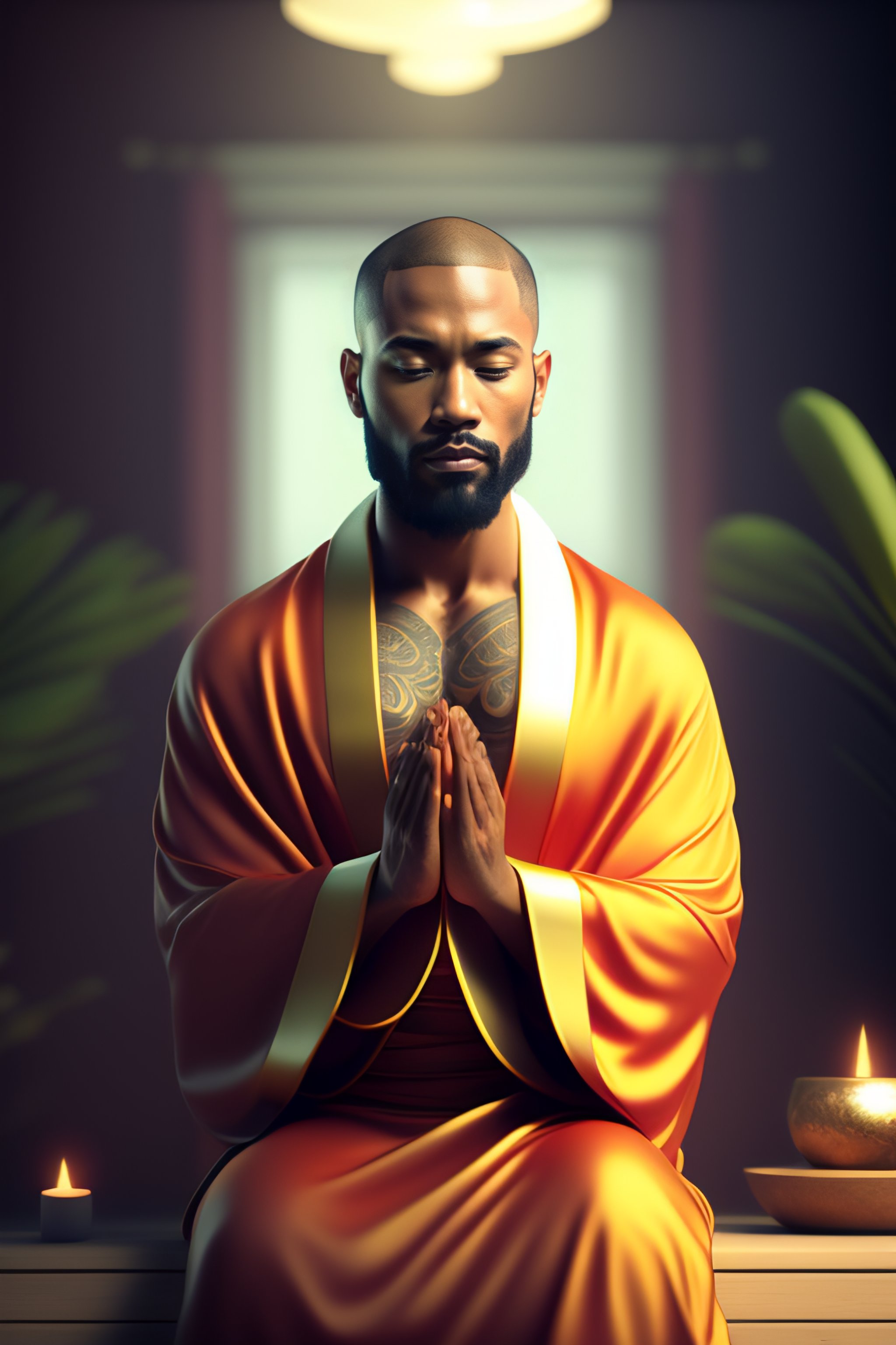 Lexica - Meditation with hands above head, monk robe and tattoos ...