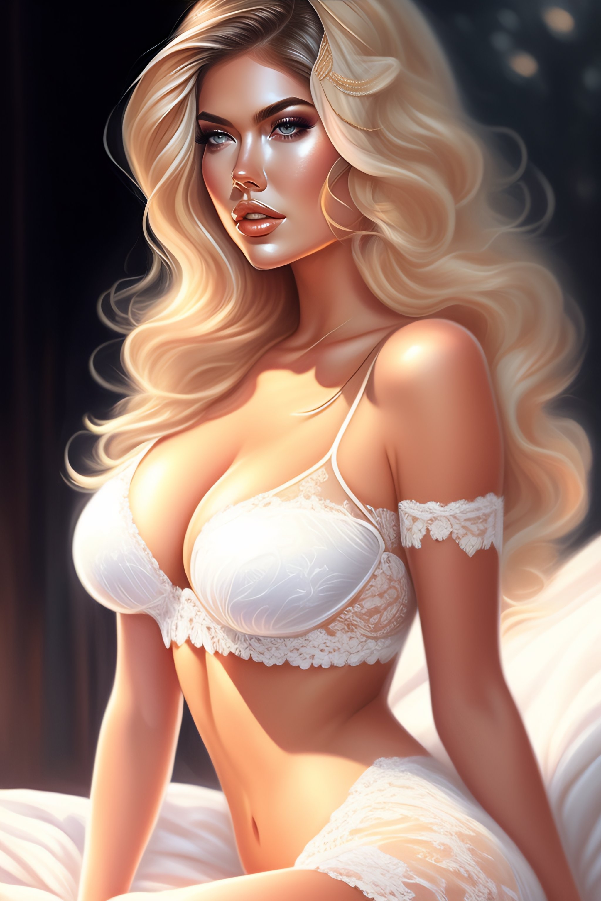 Lexica - Full body, 2D digital painting of Kate Upton, wearing white lace  outfit, crouching in a bed, full intimate setting, by artgerm lau  rossdraws