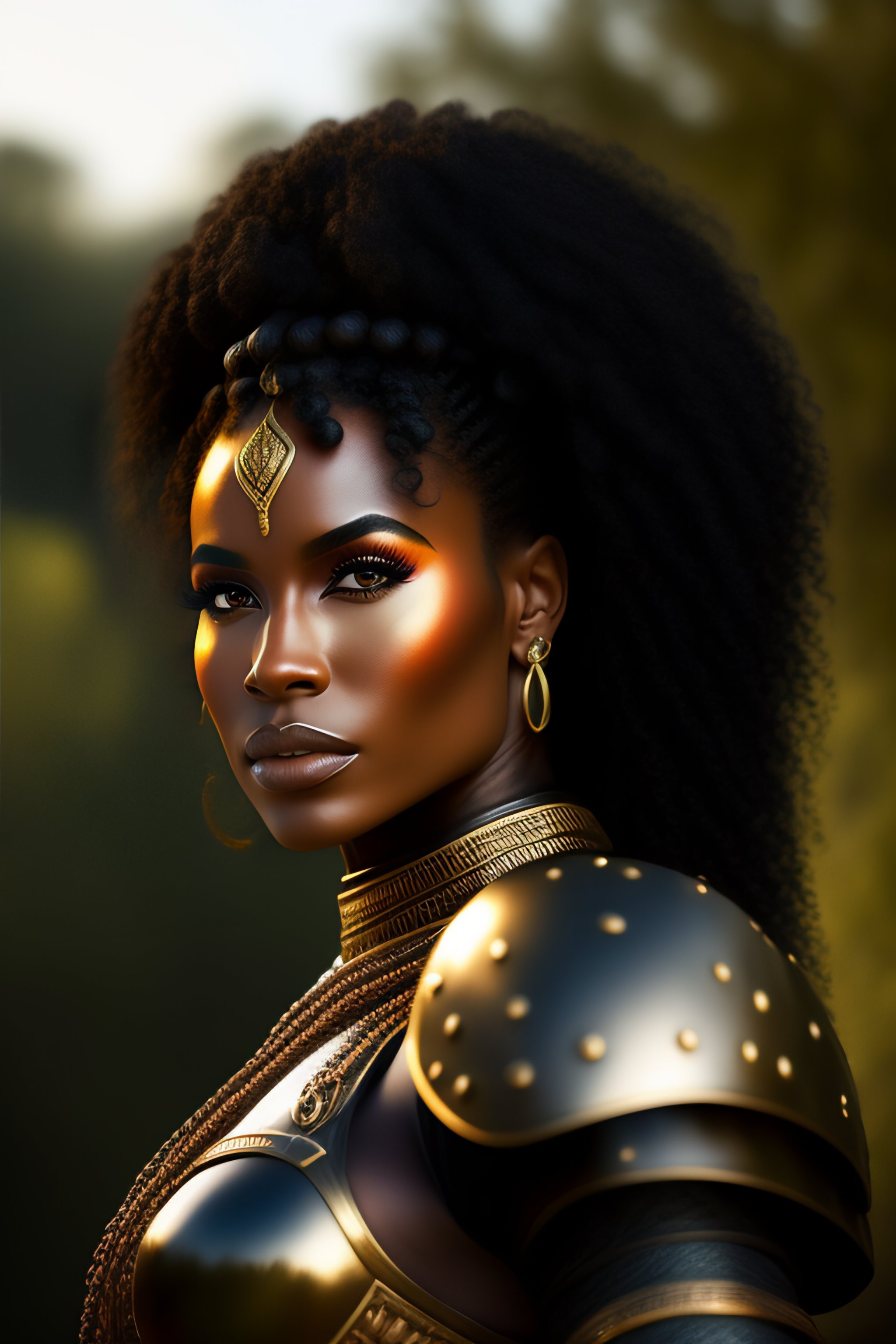 Lexica - Amazon warrior, black woman, very curly hair, high quality, olive, amazon  warrior fighting
