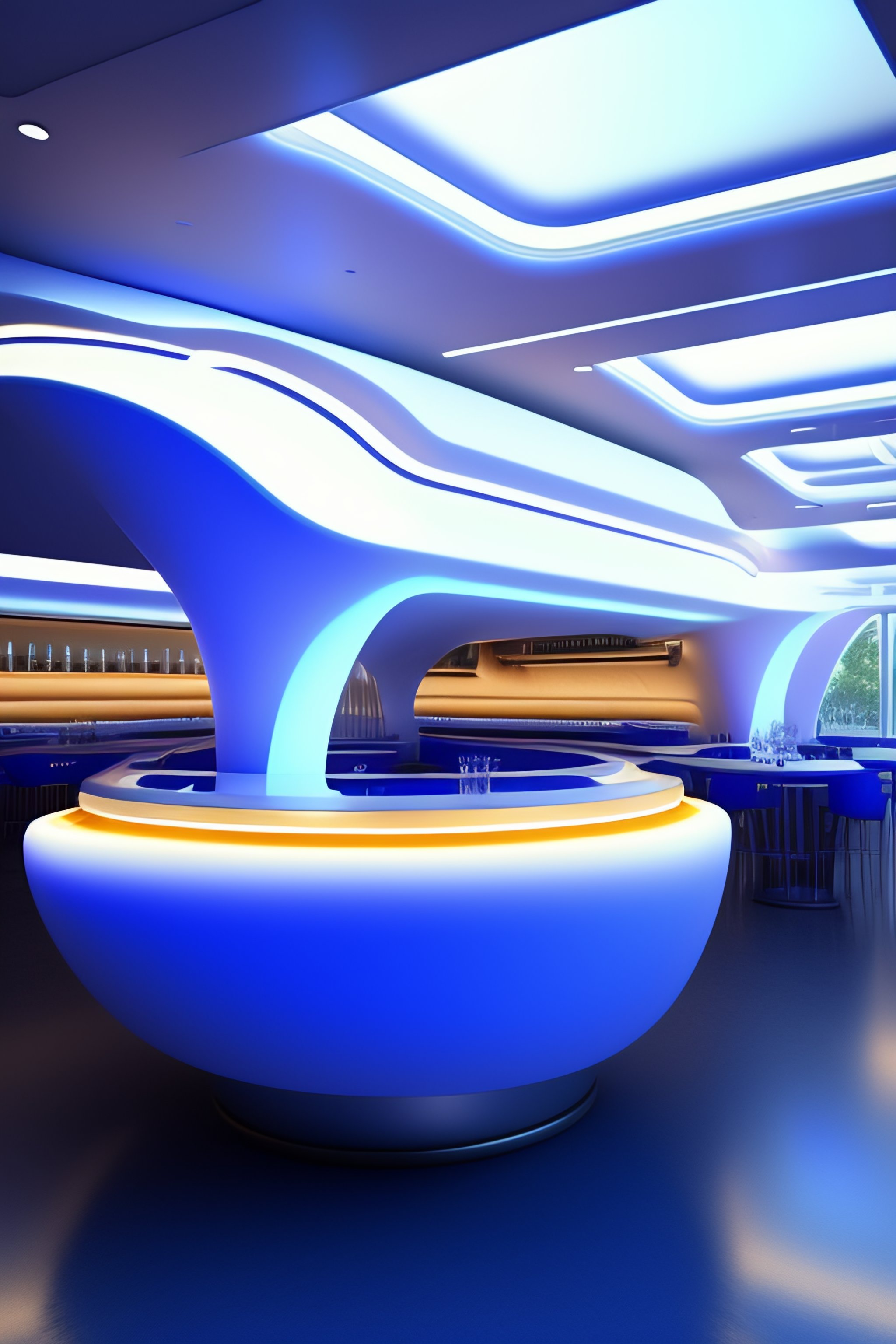 Lexica - Restaurant futuristic design, spaceship, white, blue