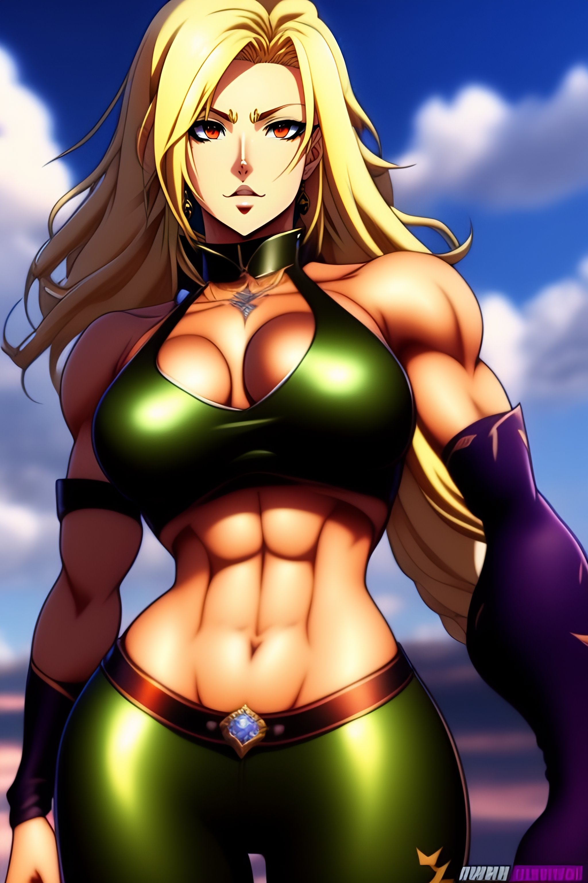 Lexica - Large anime cartoon chest demon blonde woman with large waist in yoga  pants:: ::bikini:: :: large