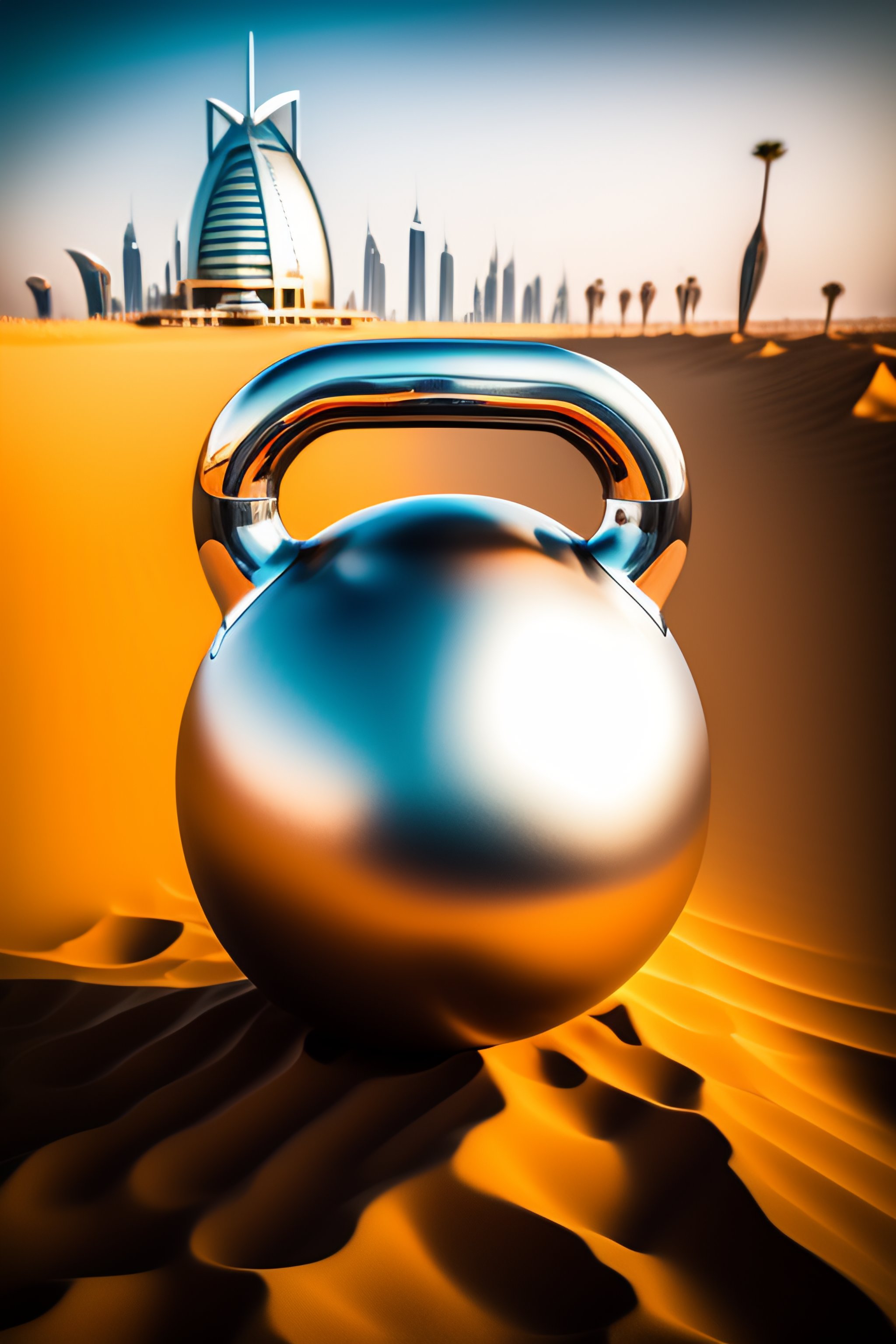 Lexica A massive kettlebell in a Dubai desert, Burj Al Arab in the