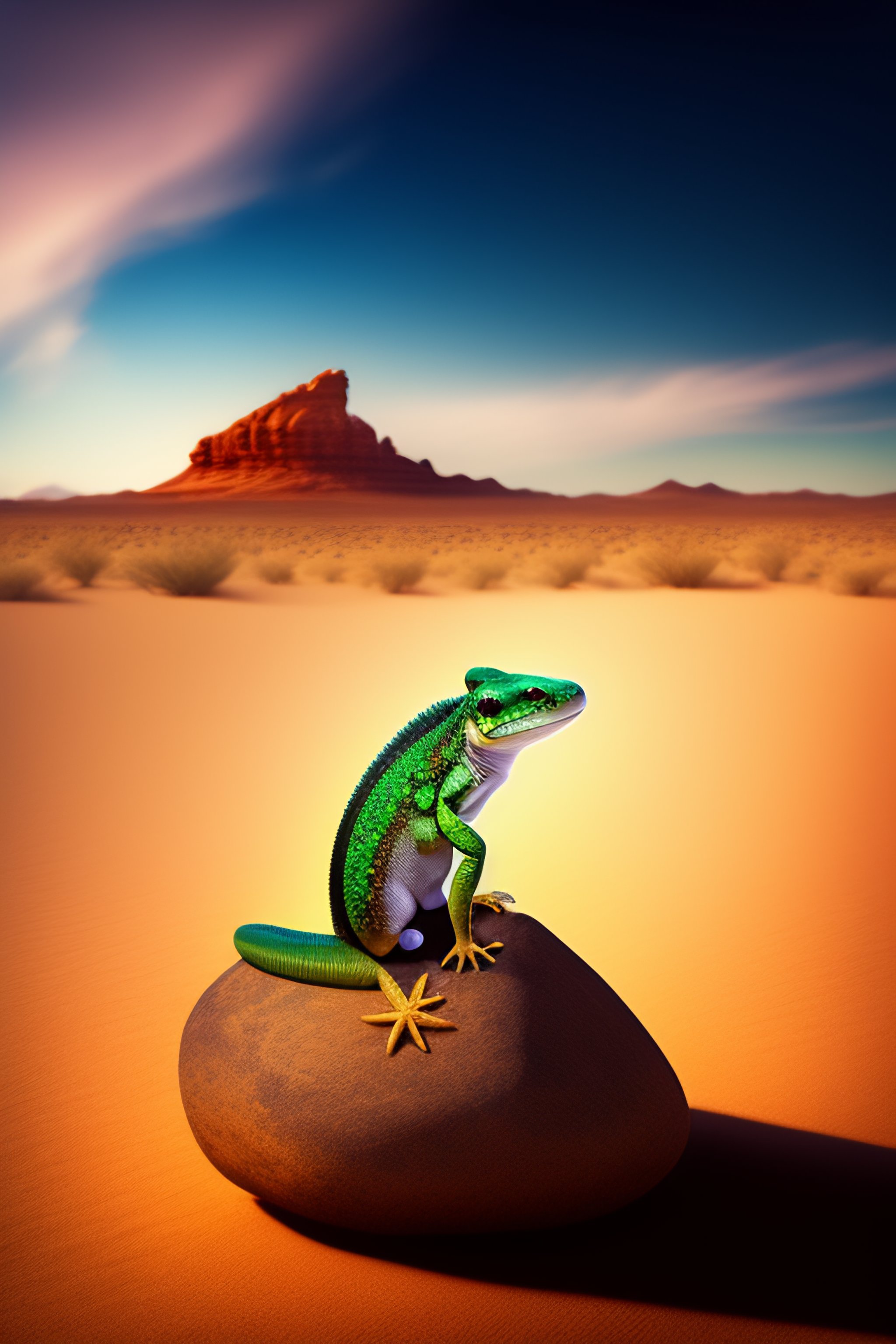 Lexica - Gecko on a rock in the desert, holding a sign 