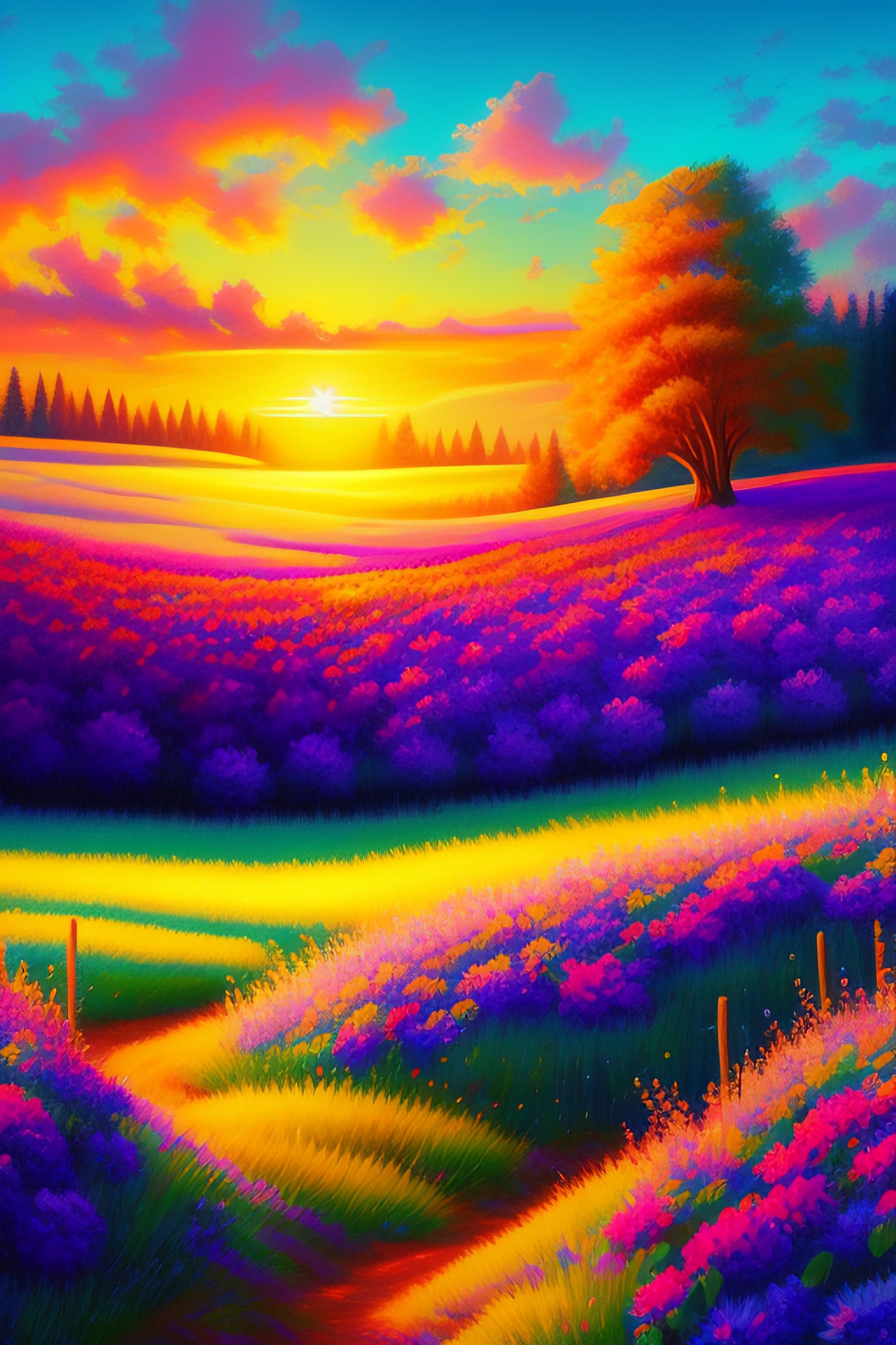 Lexica - Flower field hills, big trees, sunrise light, impressionist ...