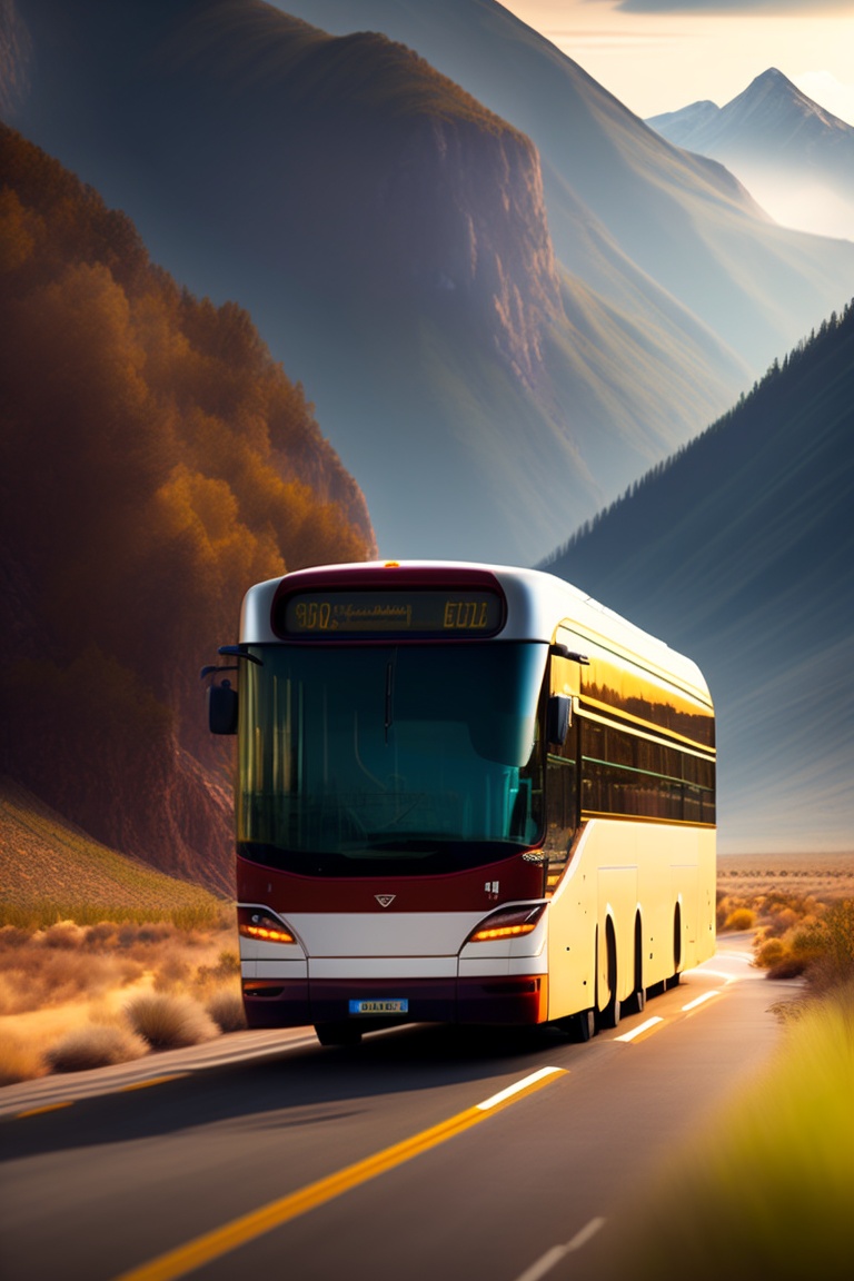Lexica - A bus is moving on the highway, surrounded by mountains and ...