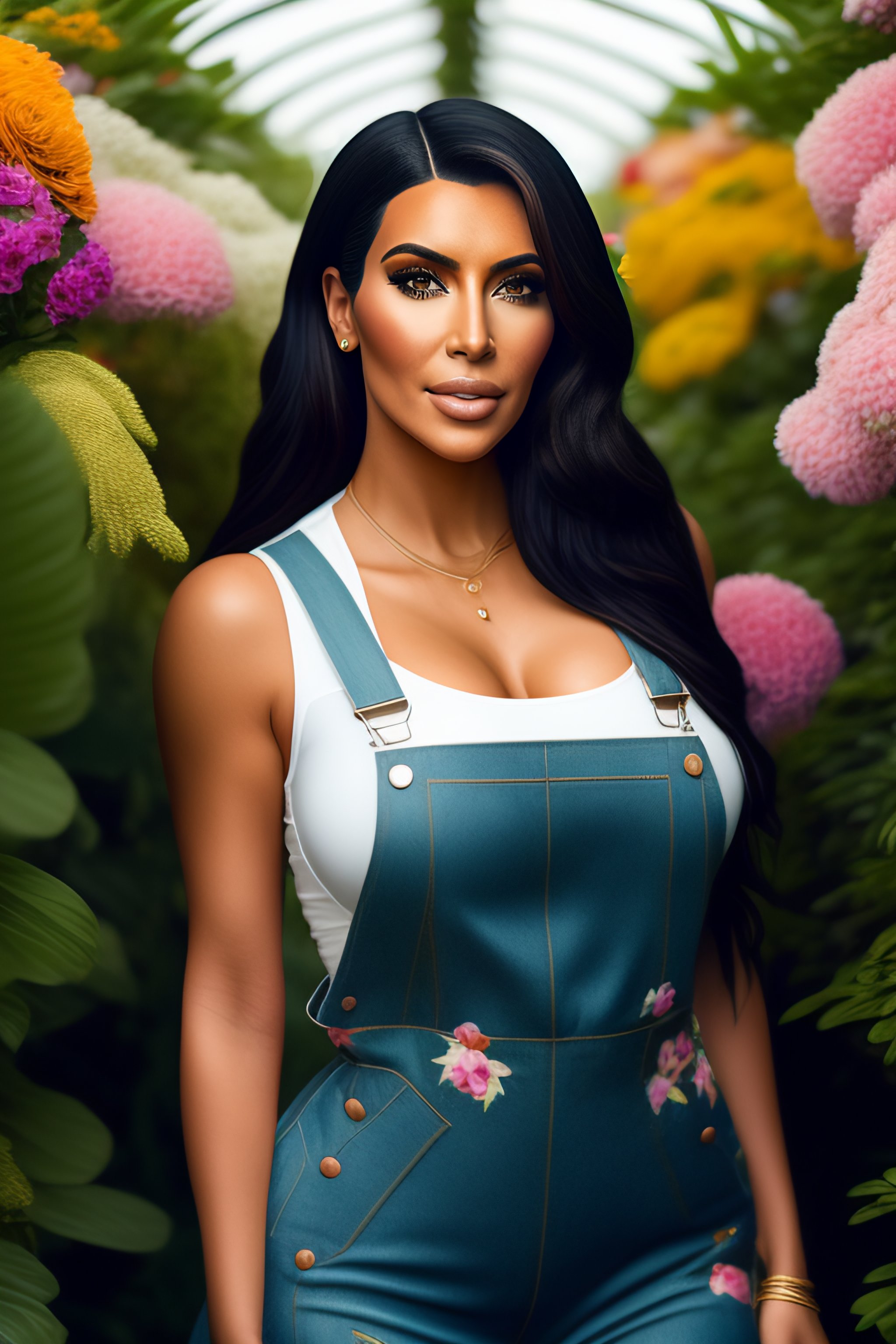 Lexica - Portrait of a kim kardashian wearing overalls inside a lush ...