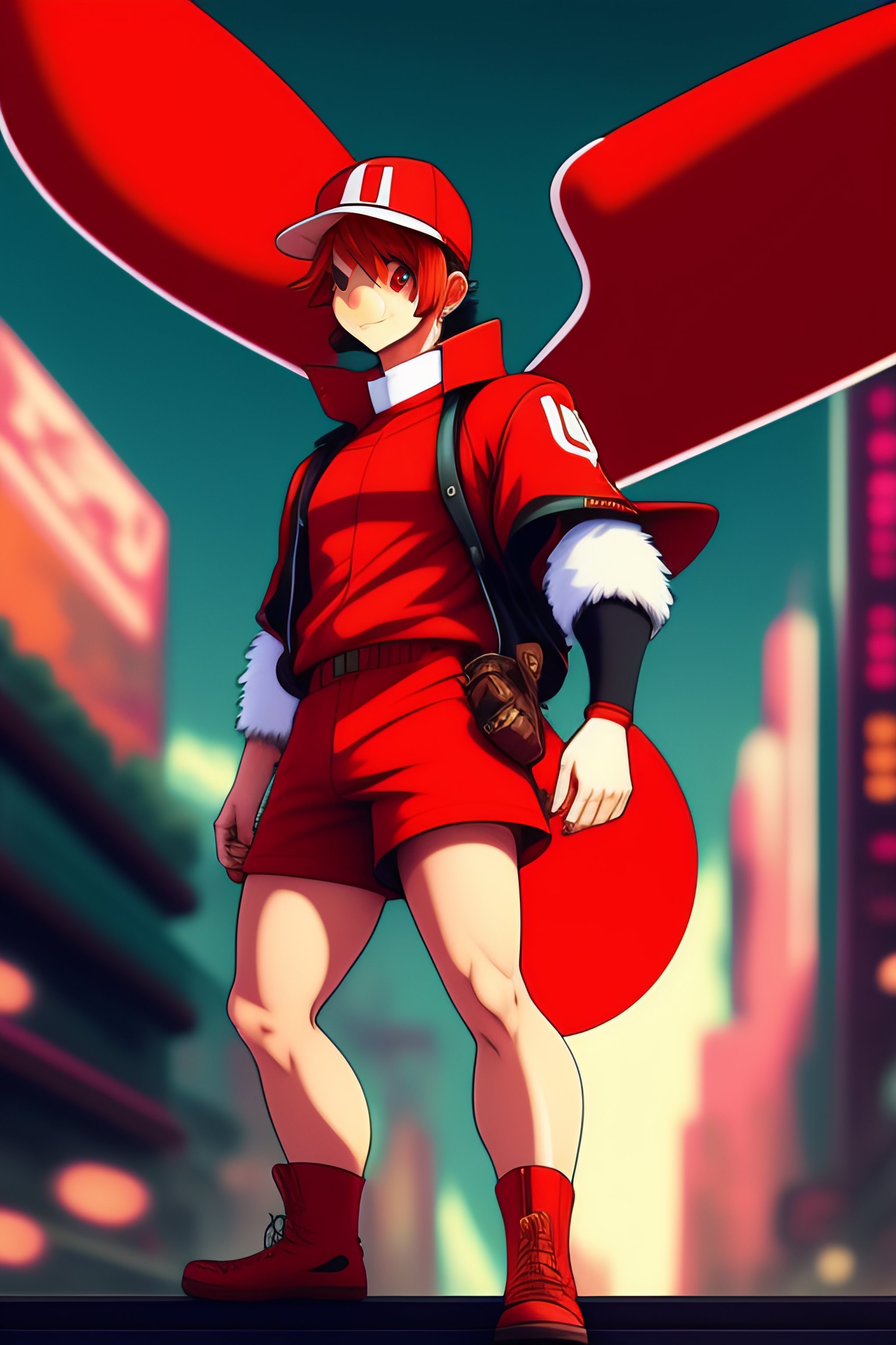 Lexica - A picture of a full body male pokemon trainer in red with a flying  charizard in a neo punk city, color full, highly detailed