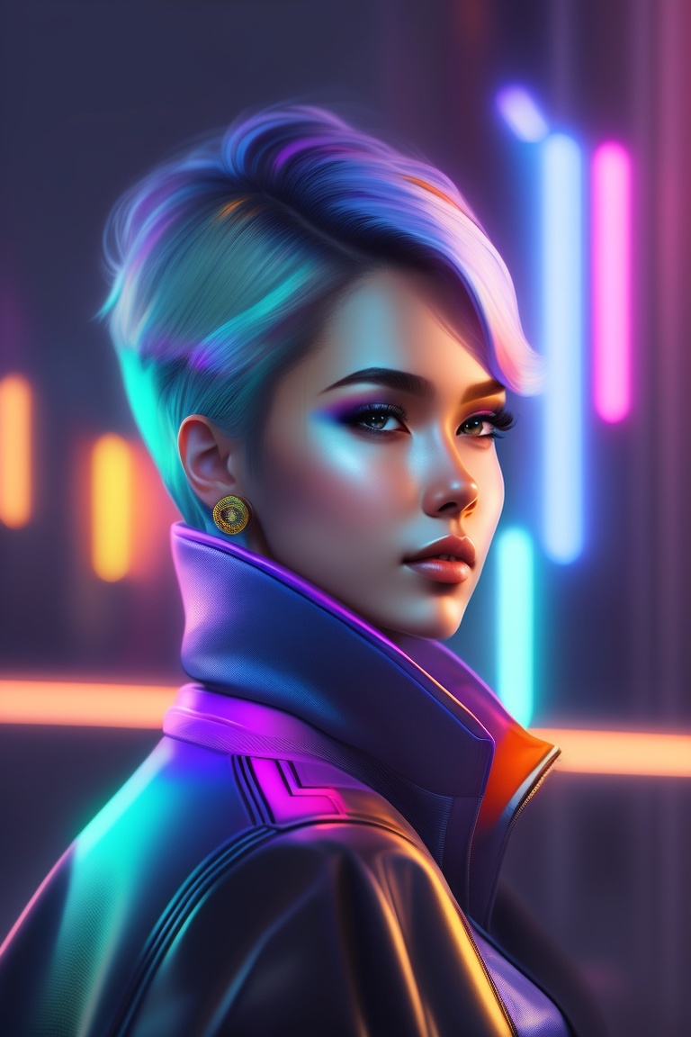 Lexica - Best quality, 1girl, solo, short hair, blurry background, neon ...