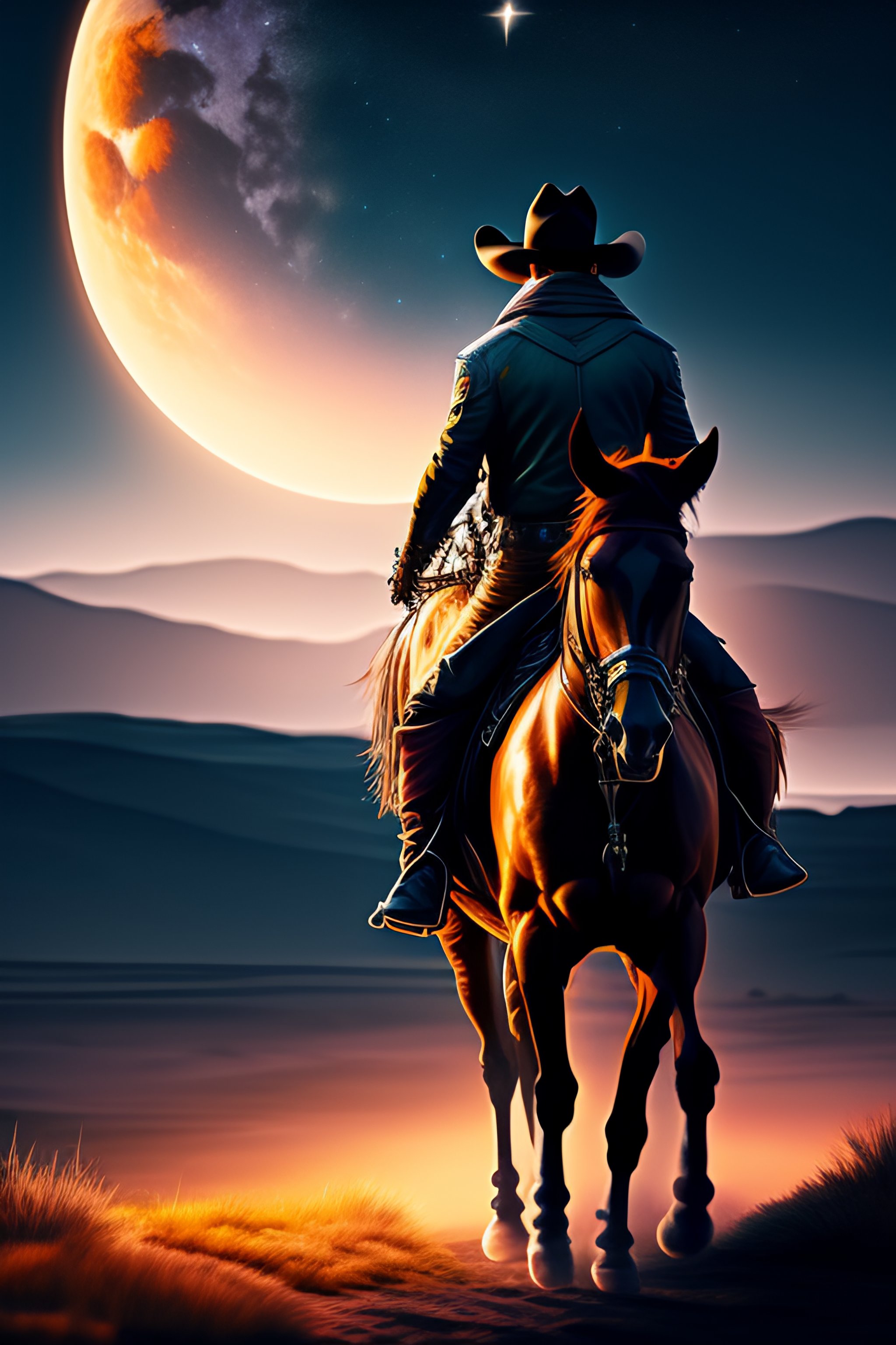 Lexica Handsome rugged cowboy riding a horse at night, night