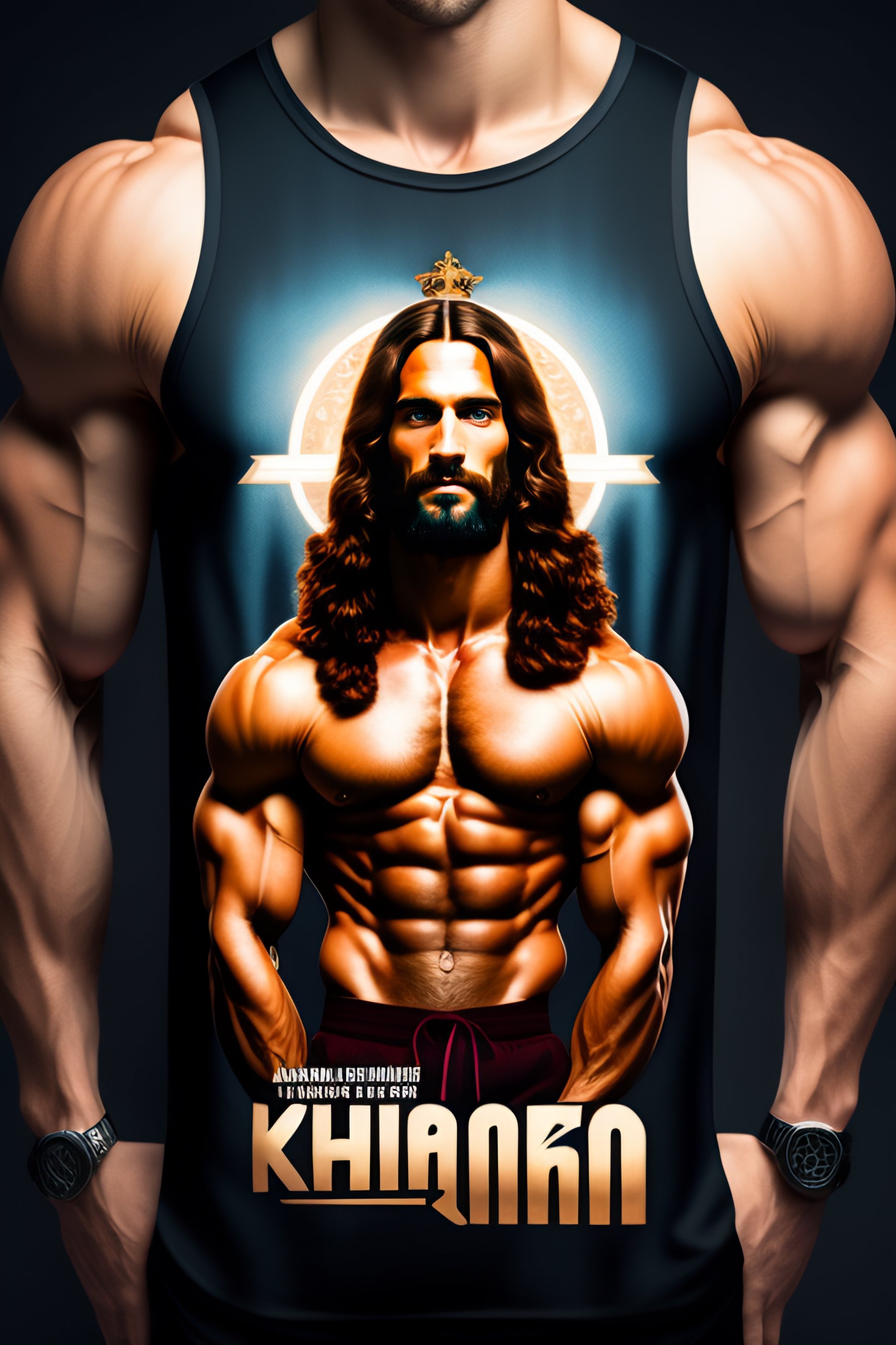 Lexica Muscular Jesus wearing a tank top with a picture of jesus on