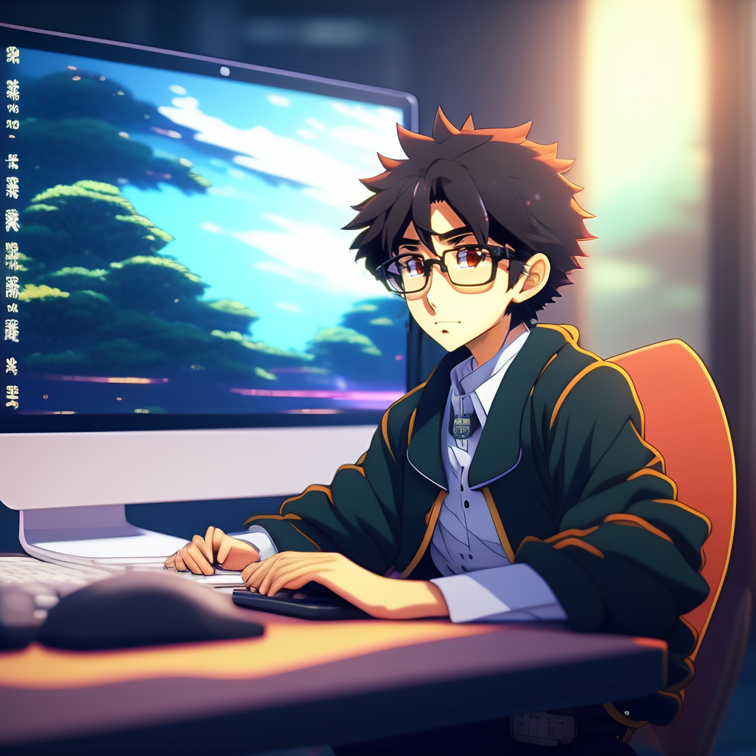 anime boy on computer