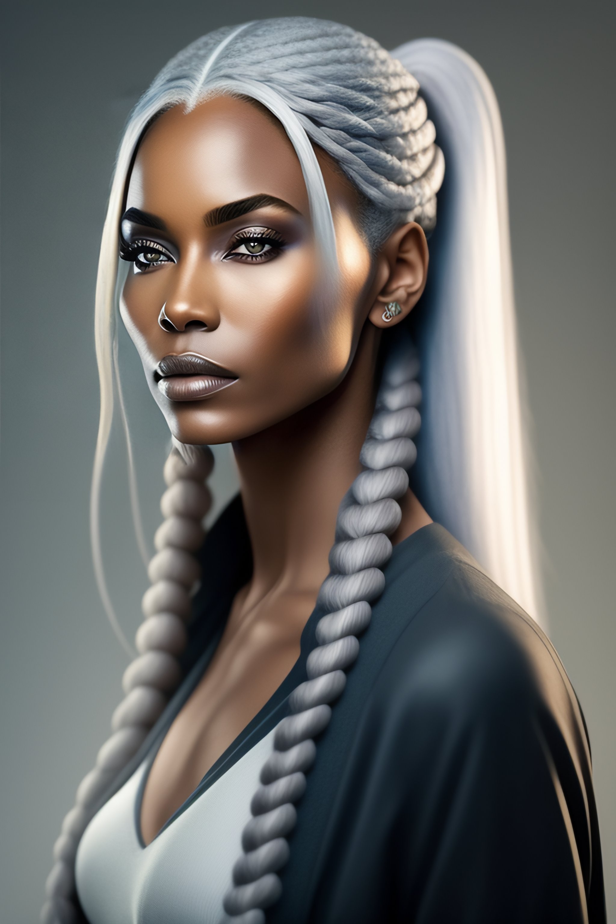 Lexica Female giant, gray hair, thin, pale bluegray skin, long braids