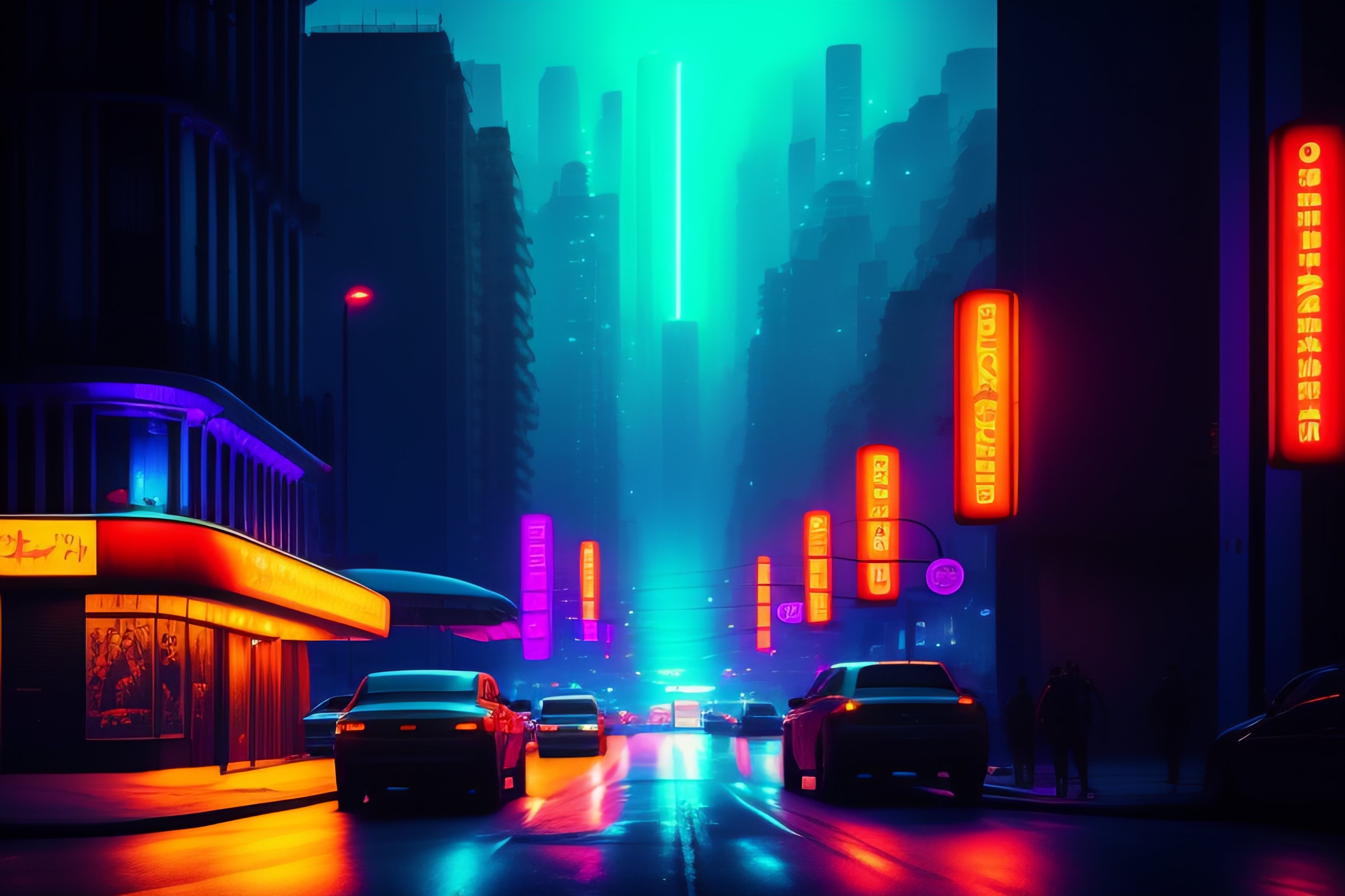 Lexica - Street in a dystopic city in the night with neon lights