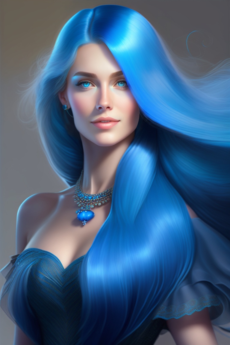Lexica - A lady with long blue hair, blue eyes, fair skin in a blue dress