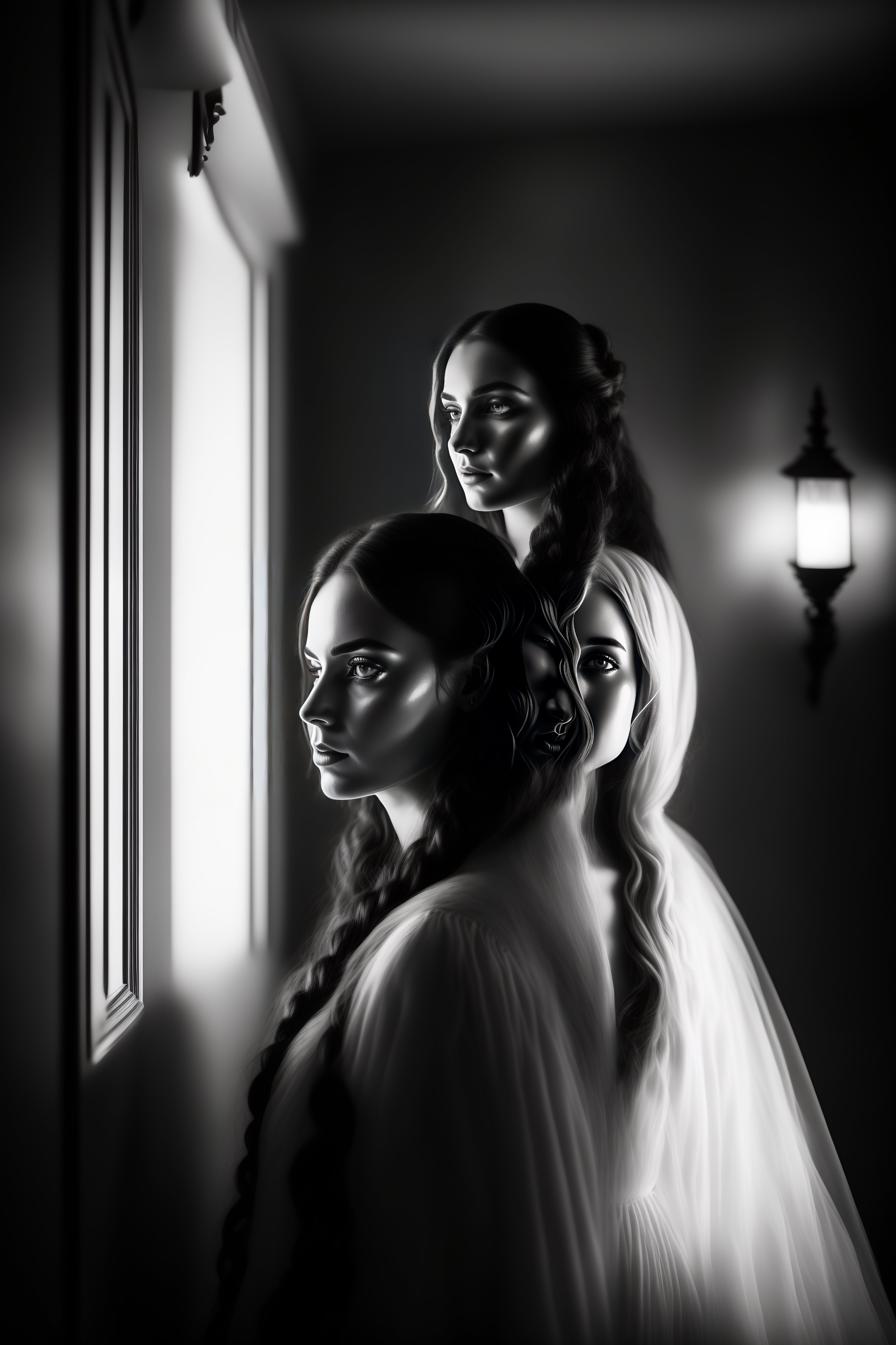 Lexica - Ghost and young woman in victorian house, black and white ...