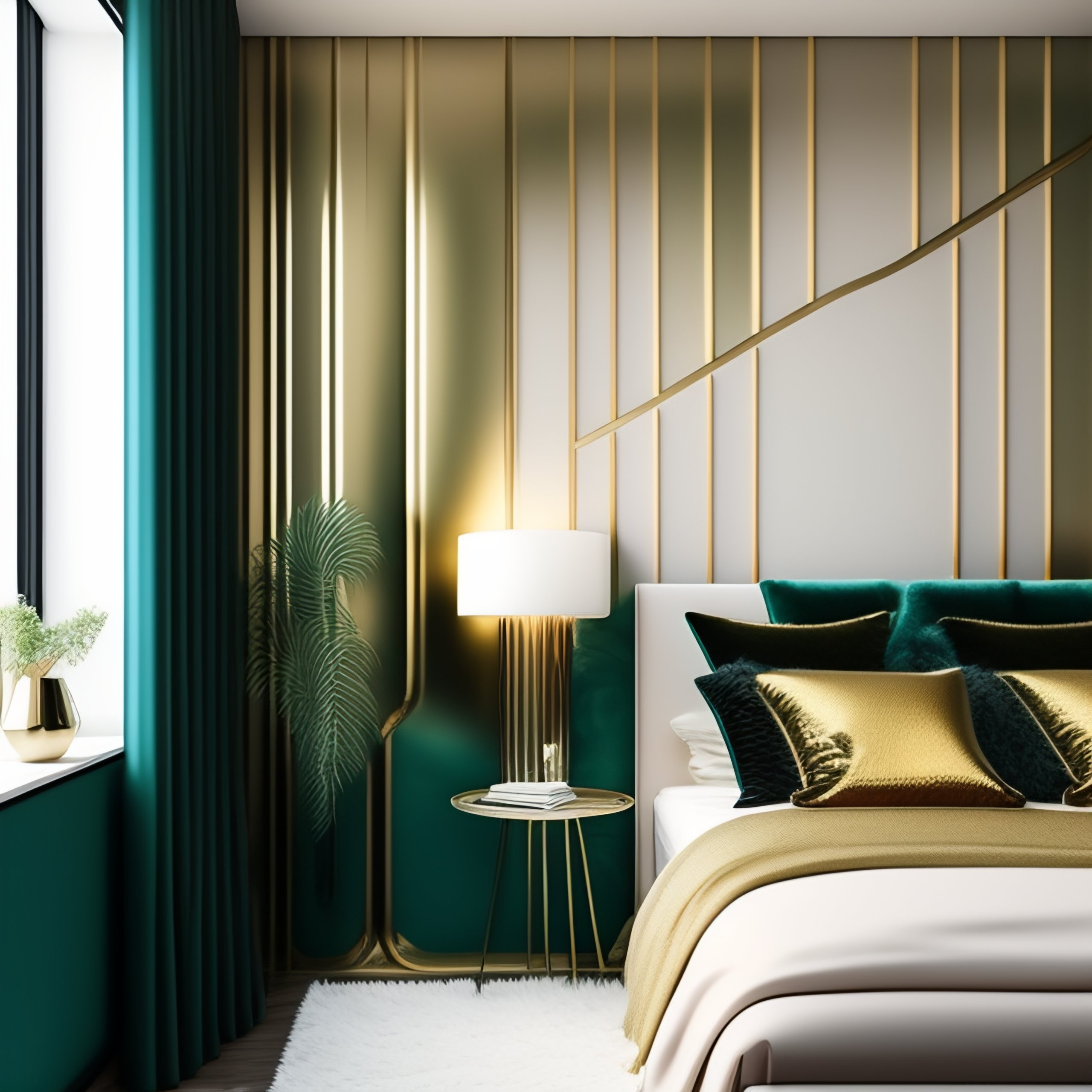 Lexica - Seagreen and golden small bedroom design golden lines on wall