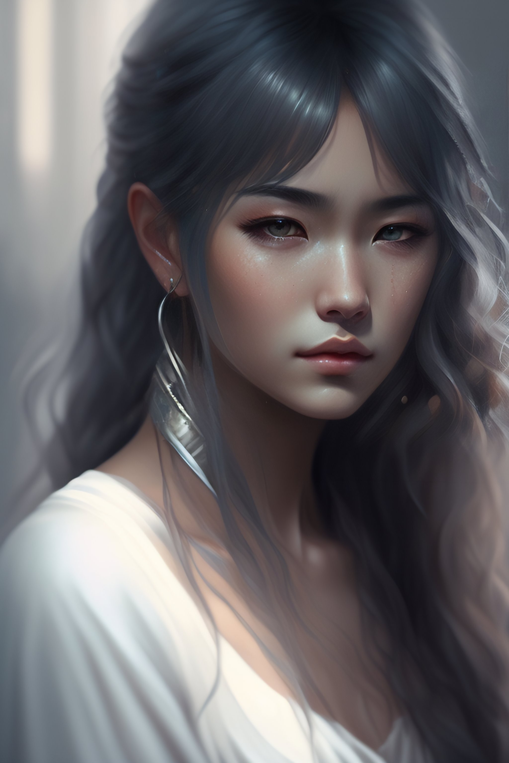 Lexica - A realistic detail of a most beautiful koneko toujou silver-haired  girl, niud, mist by julian calle, wlop, tears in the eyes, painful expres...