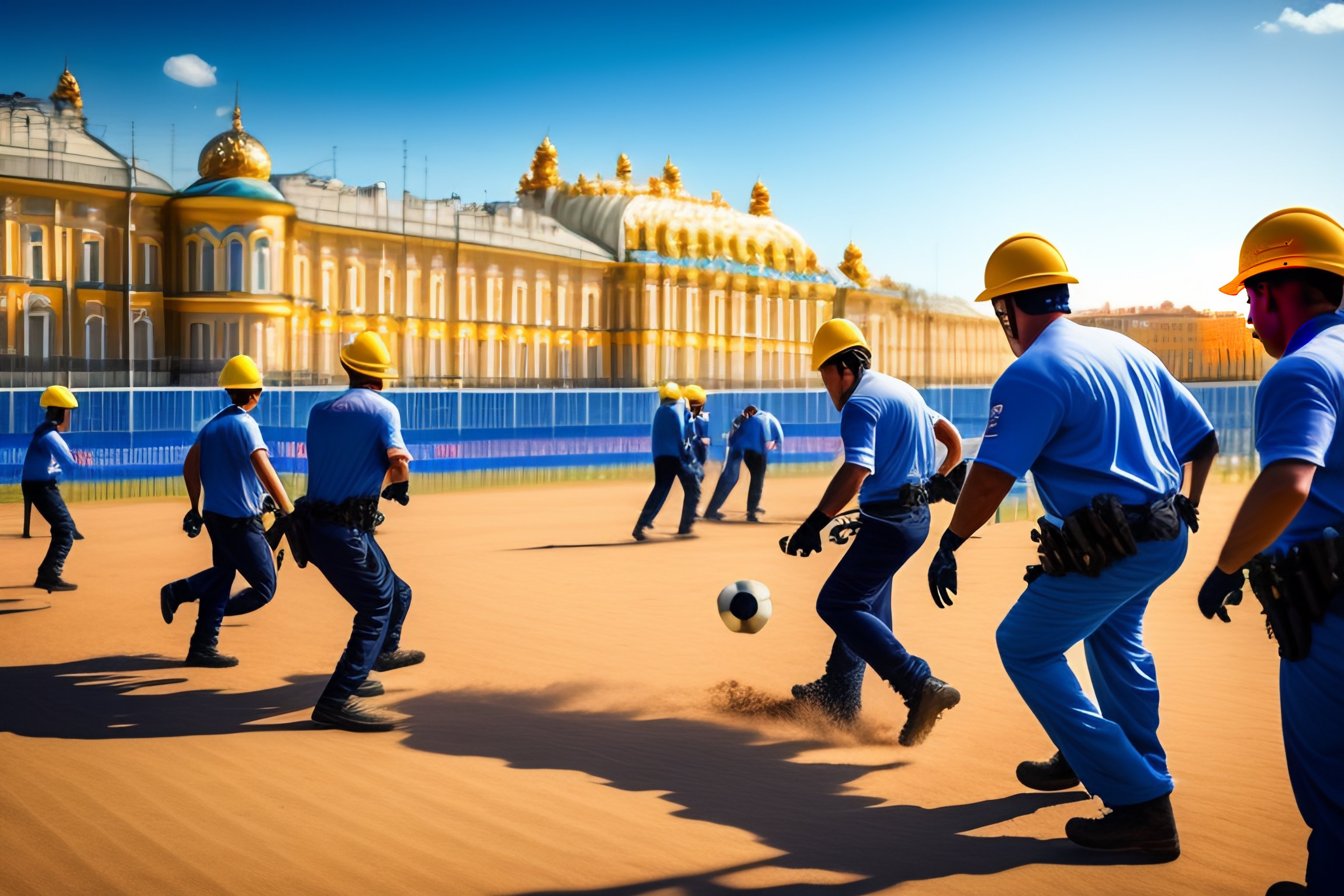 Lexica - Builders in helmets playing football in St. Petersburg on