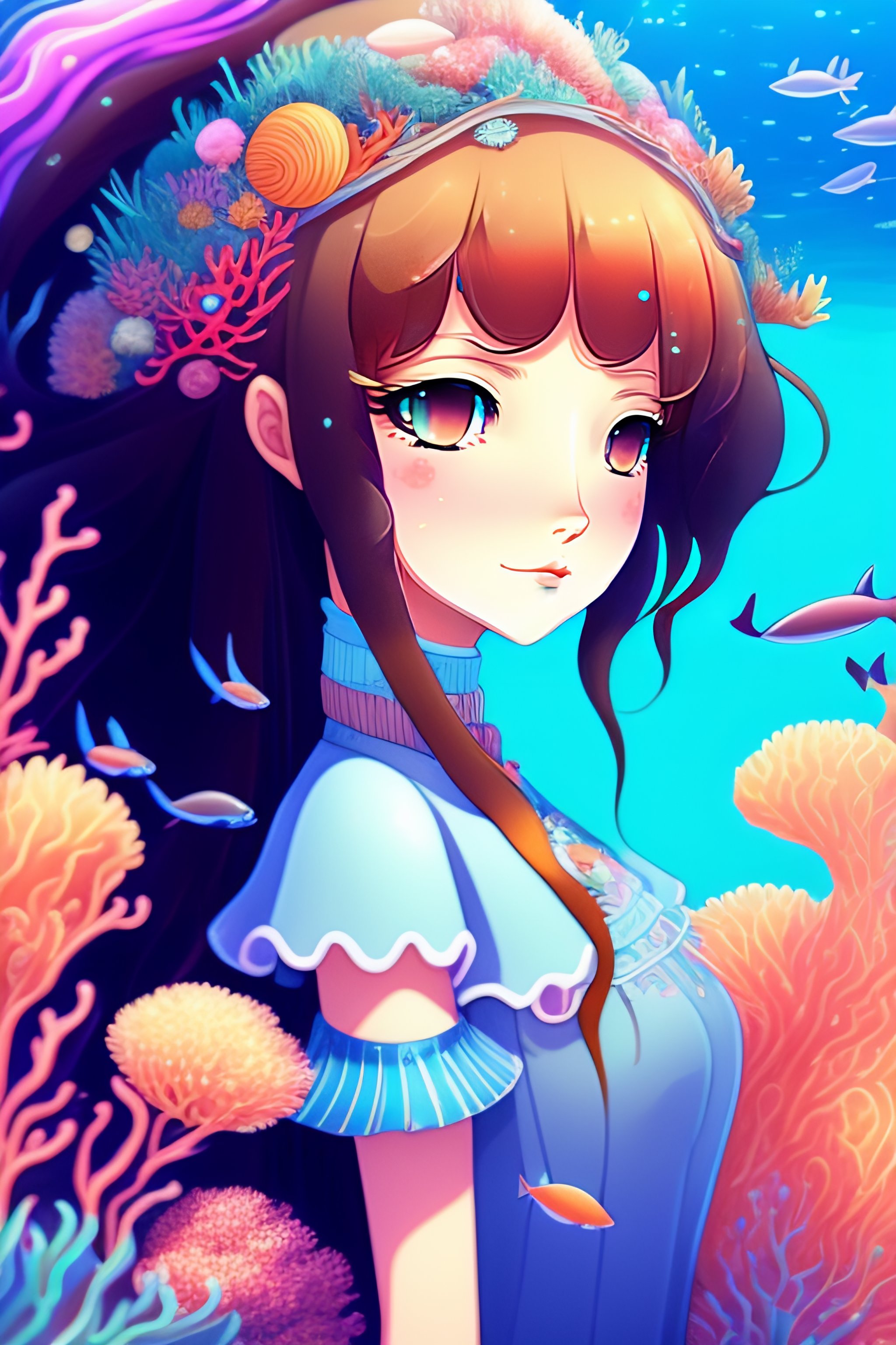 Lexica - Anime 2D 1 girl solo Create an illustration of a humanoid dolphin  girl living in a beautiful coral reef She is wearing a flowing dress made  ...