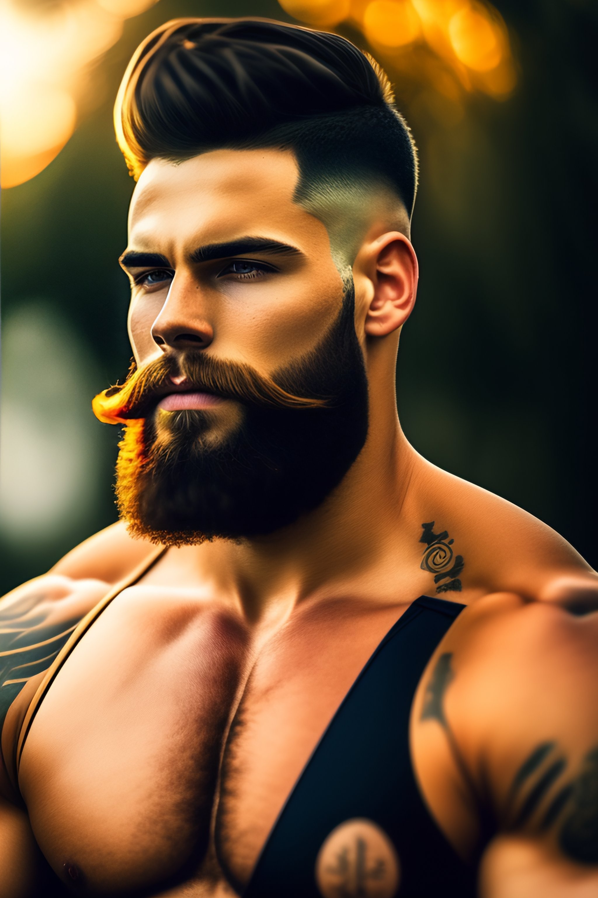 Lexica 24 year old man with short beard, masculine.