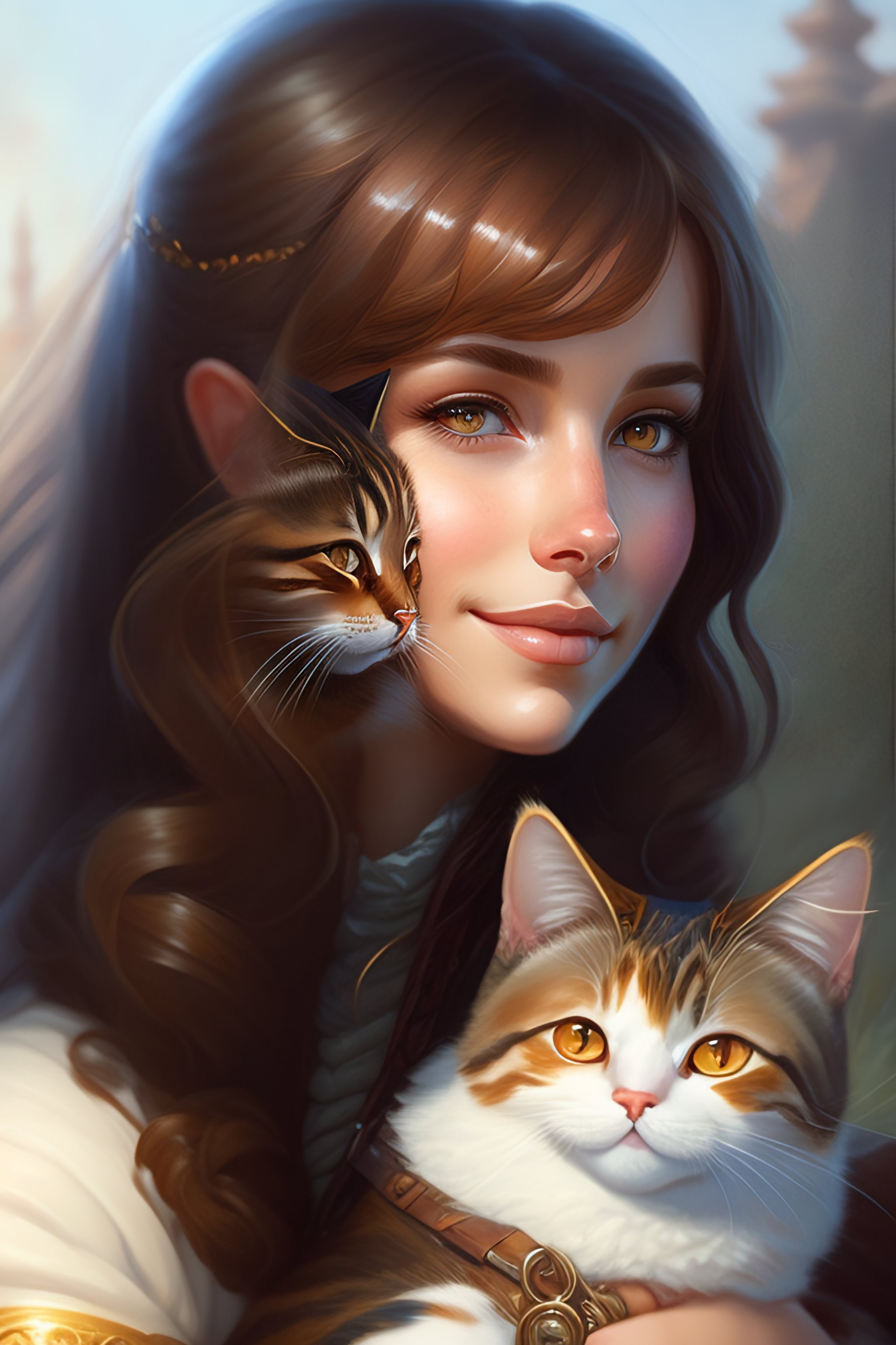 Lexica - A detailed portrait of a cute calm brunette girl hugging a ...