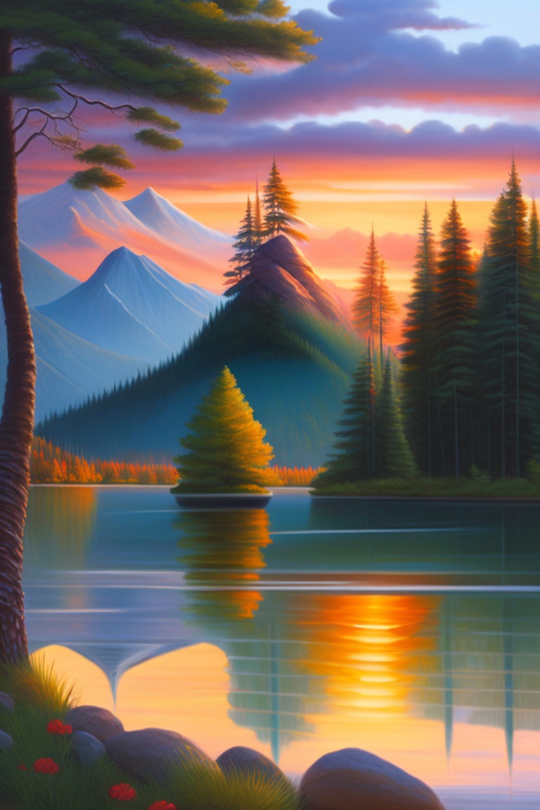 Lexica - "An artist painting a serene sunset over a tranquil lake ...